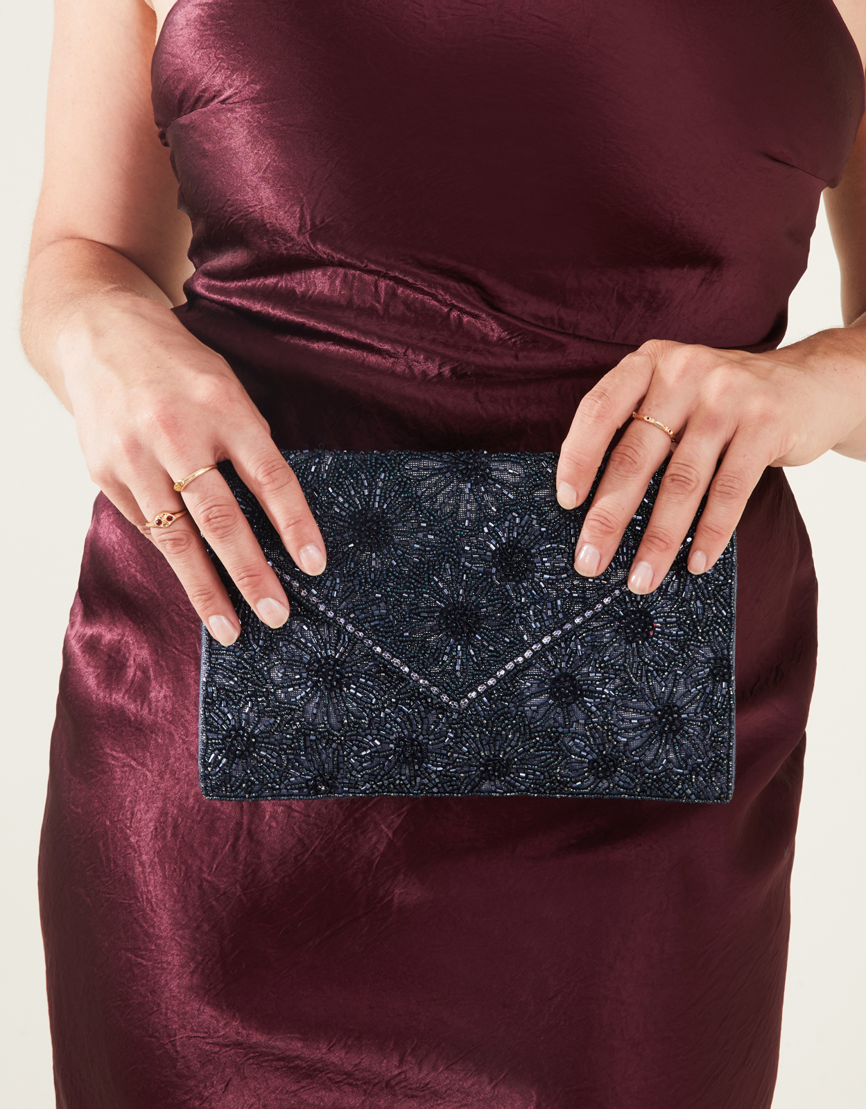 Navy Blue Floral Cotton Embellished Classic Clutch Bag, Size: 16x25cm, Women's - Accessorize
