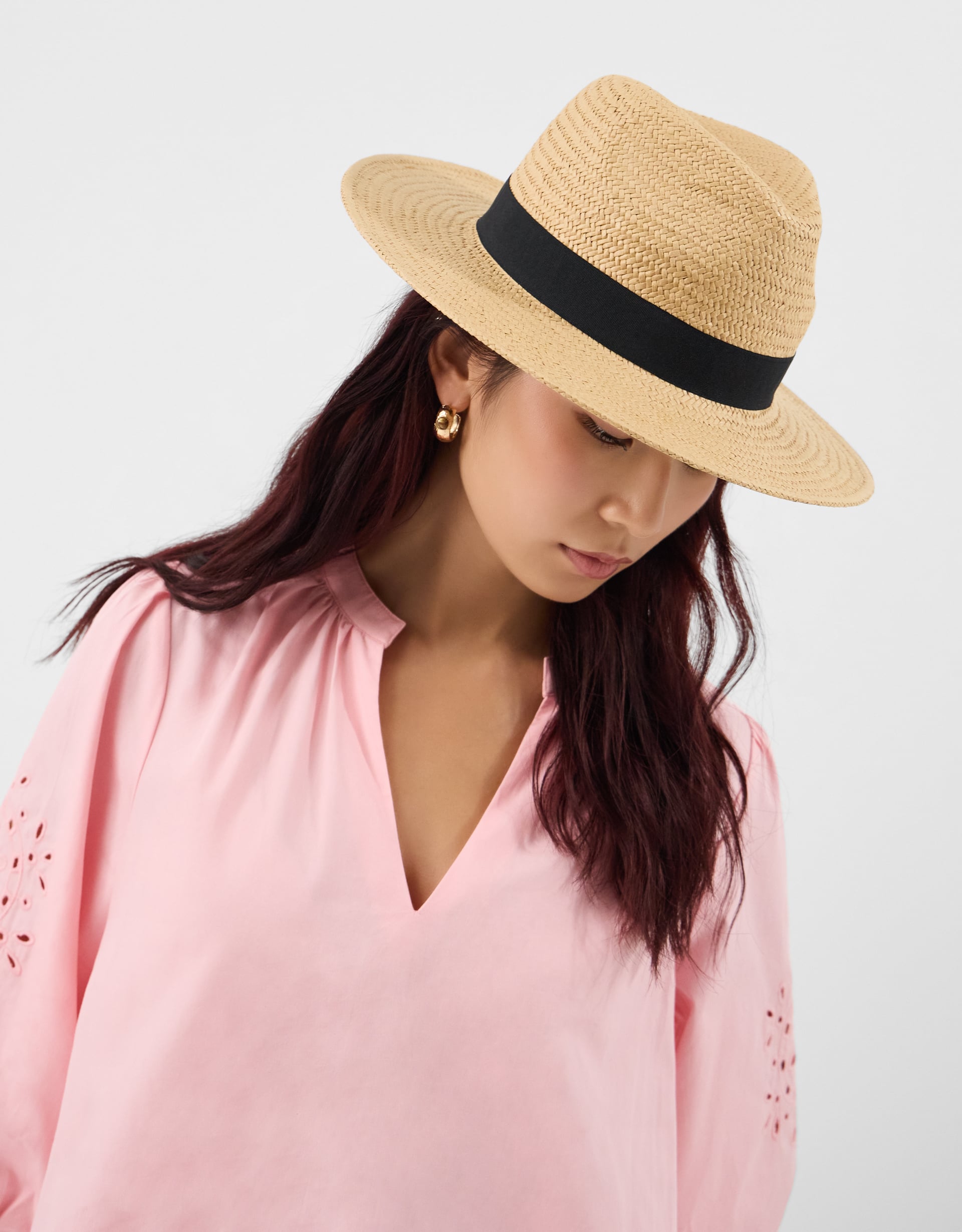 Accessorize Woven Straw Panama Hat, Beige/Black, Size: 57cm