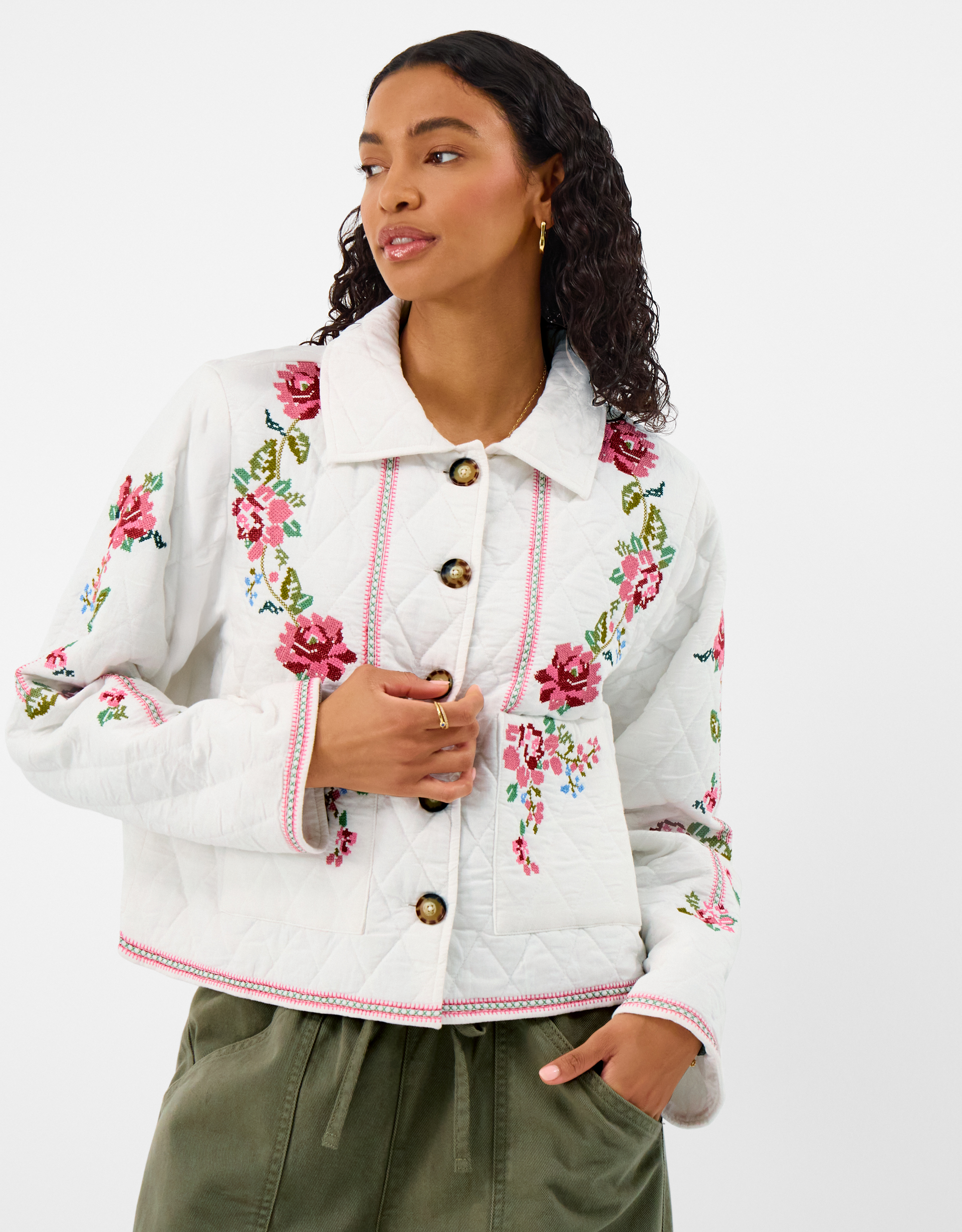 Accessorize Embroidered Floral Quilted Jacket, Ivory, Size: L