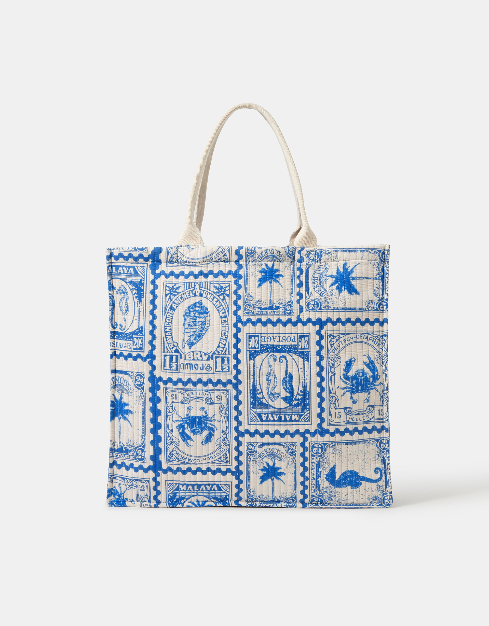 Accessorize Cotton Stamp Print Quilted Shopper Bag, Sky Blue