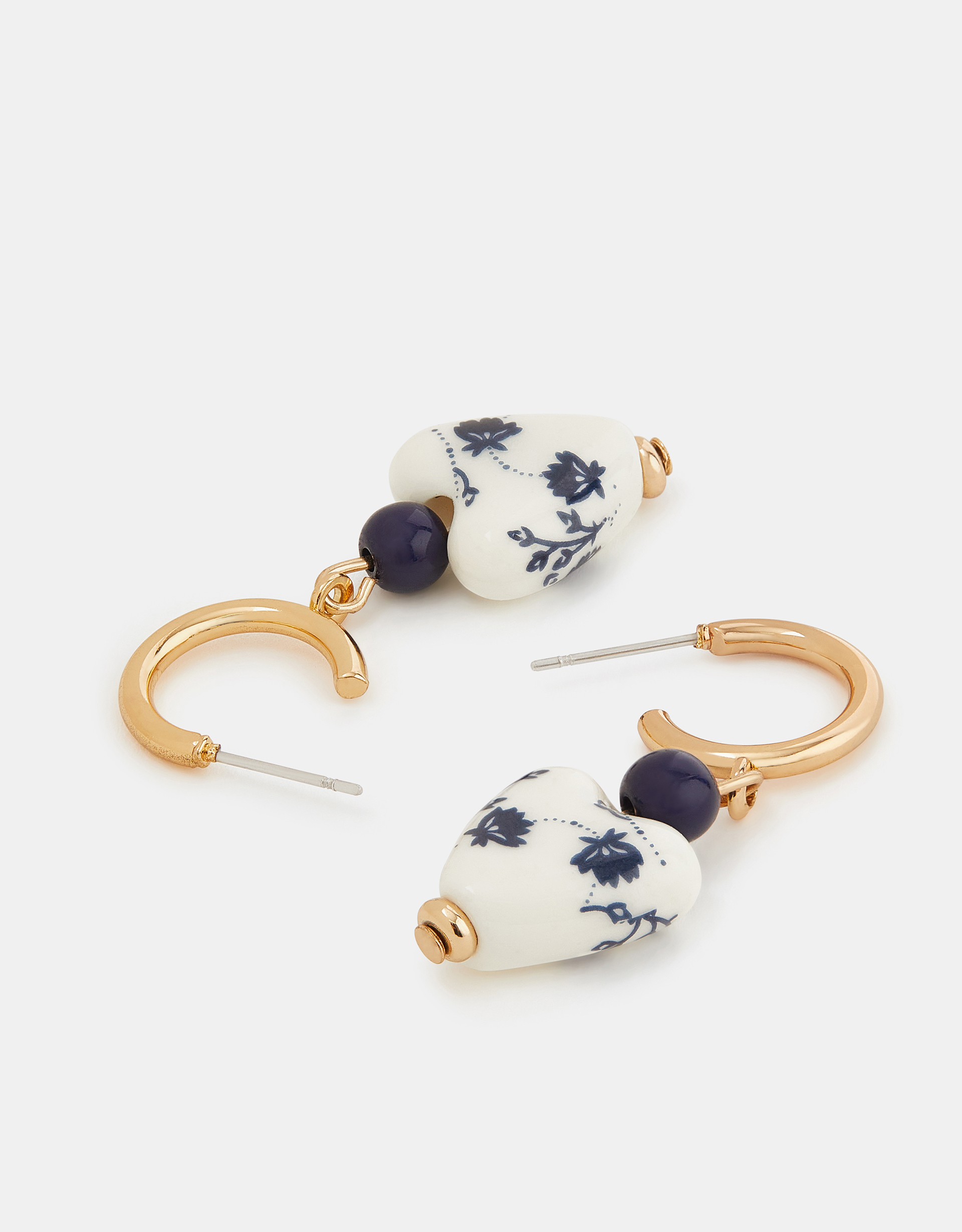 White/navy Flower Heart Charm Drop Earrings, Size: 4cm - Accessorize