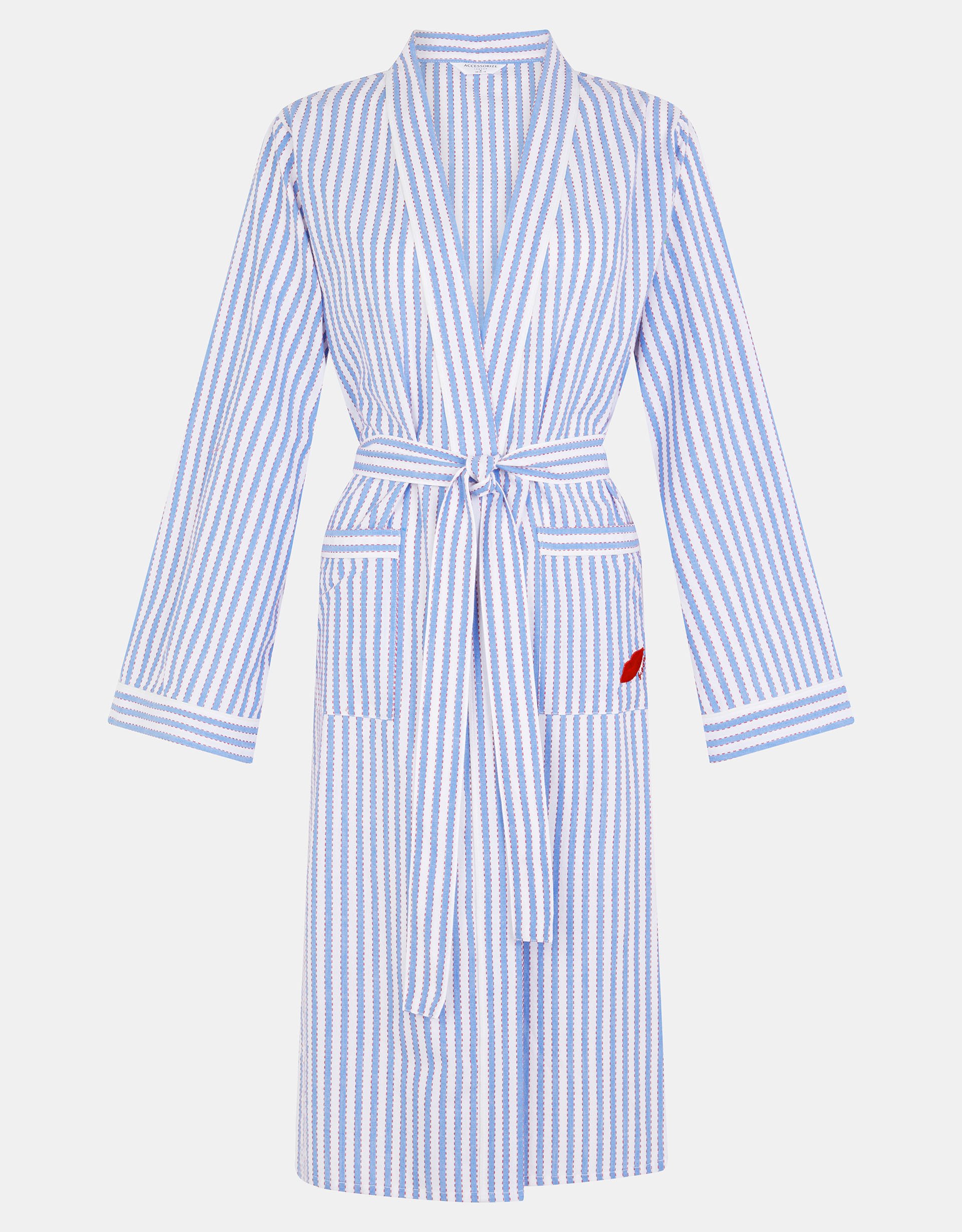 Blue & White Cotton Striped Bisou Dressing Gown, Size: S, Women's - Accessorize