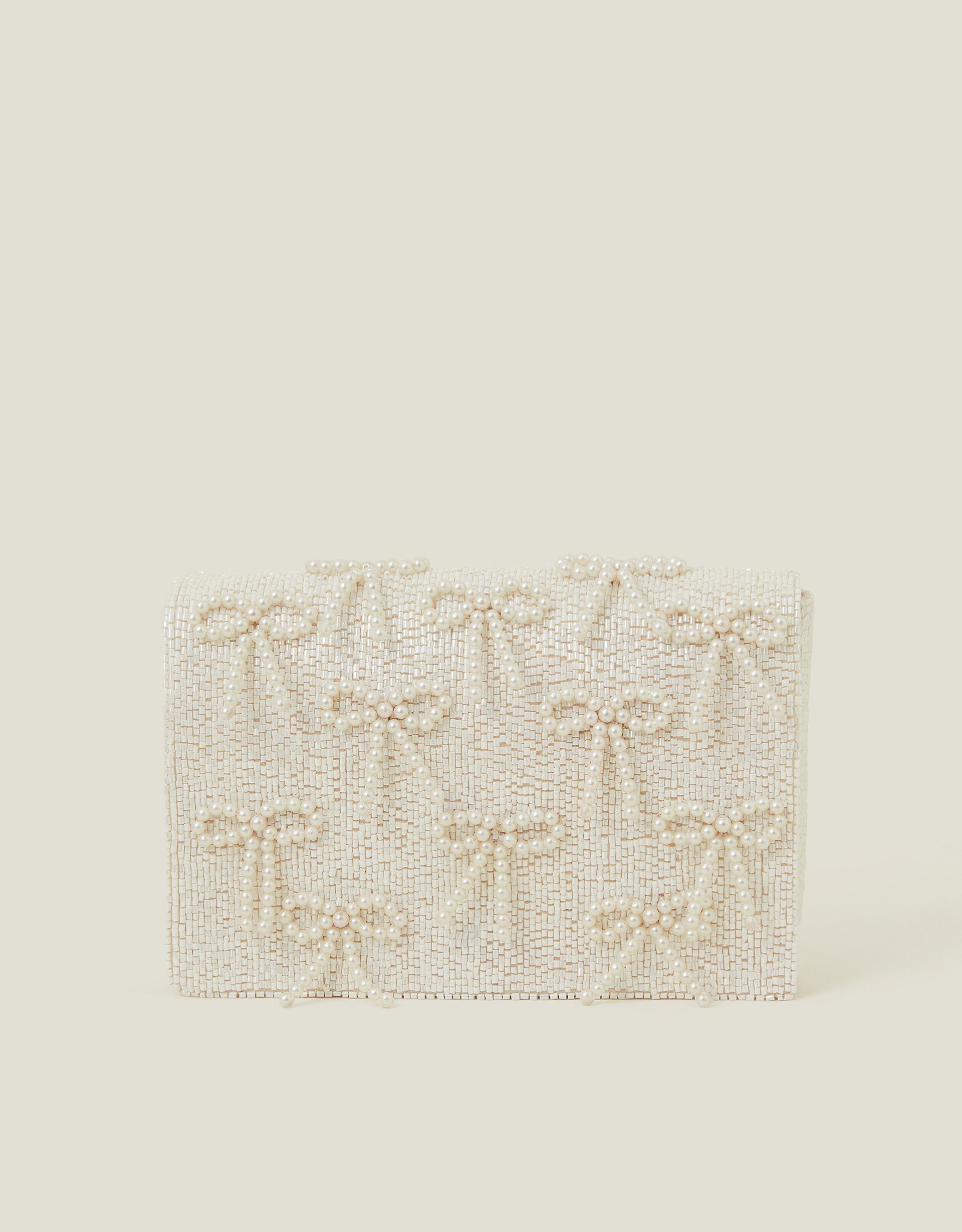 Cream Embellished Bridal Pearl Bow Clutch Bag, Size: 22cm, Women's - Accessorize