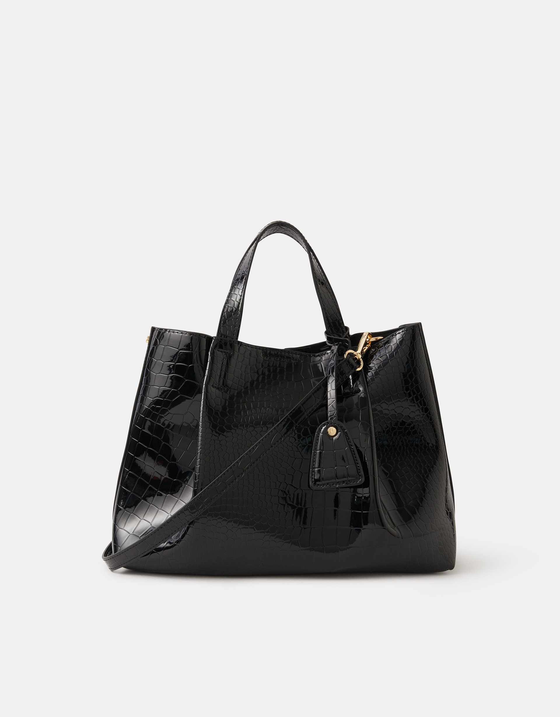 Faux Croc Skin Patent Tote Bag Black - Accessorize