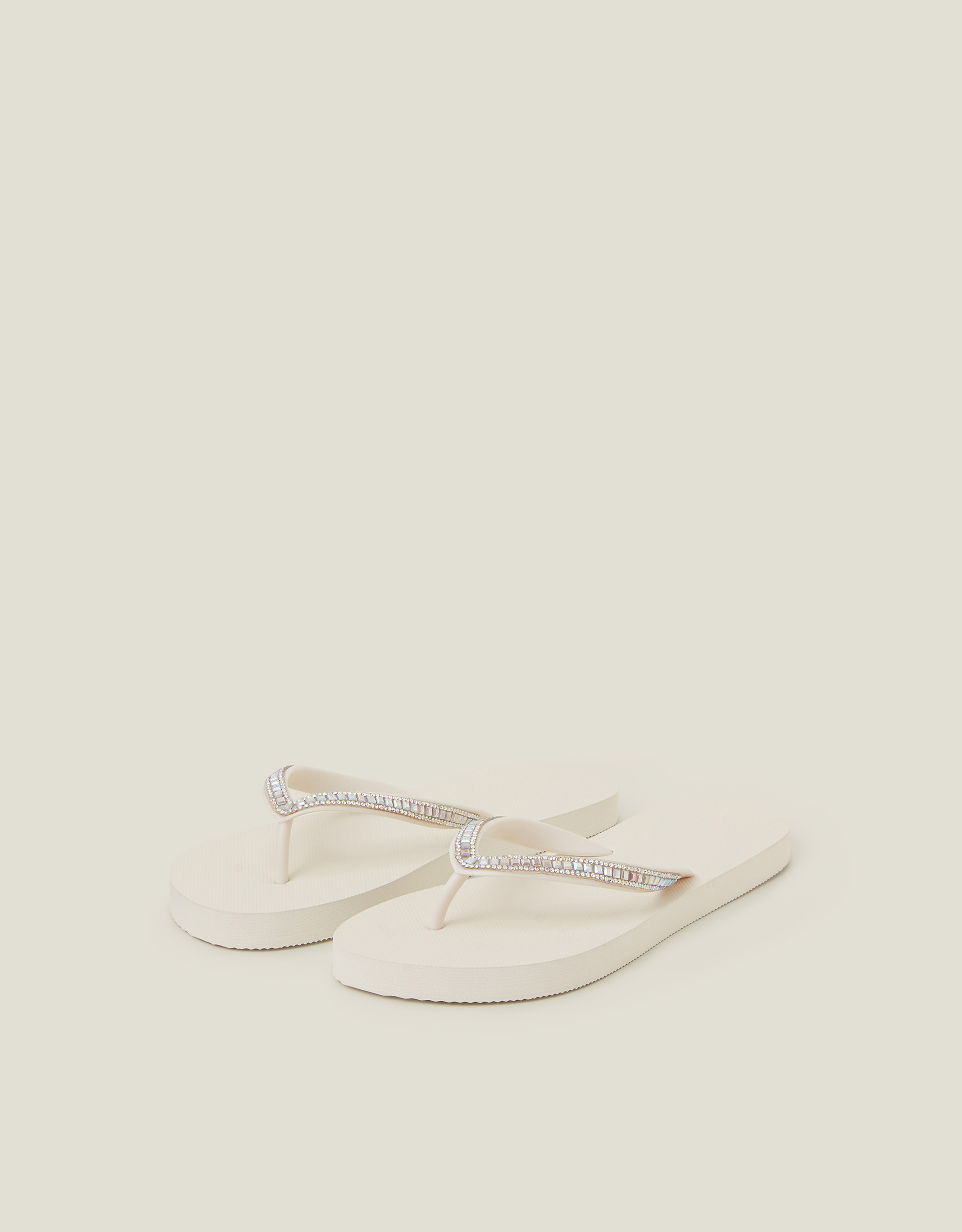 Crystal Embellished Flip Flops Cream, Size: S - Accessorize