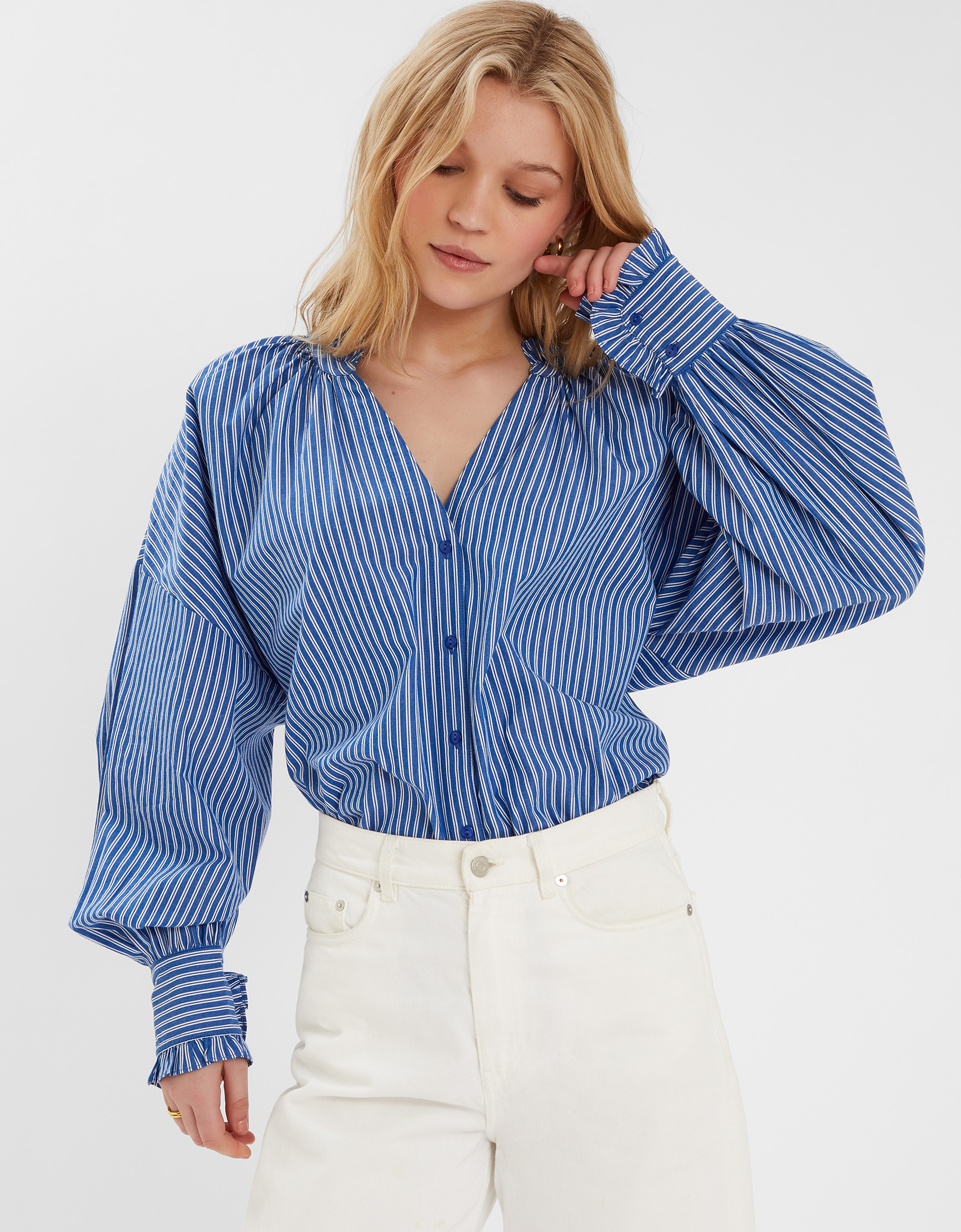 Stripe Frill Blouson Blouse Blue, Size: M - Accessorize