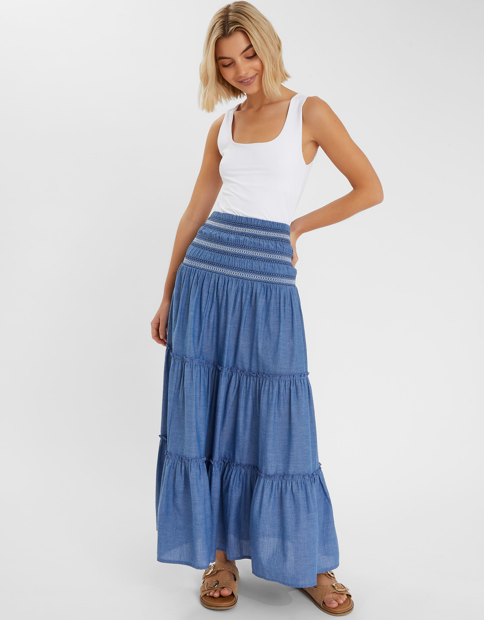 Smock Tiered Maxi Skirt Blue, Size: M - Accessorize