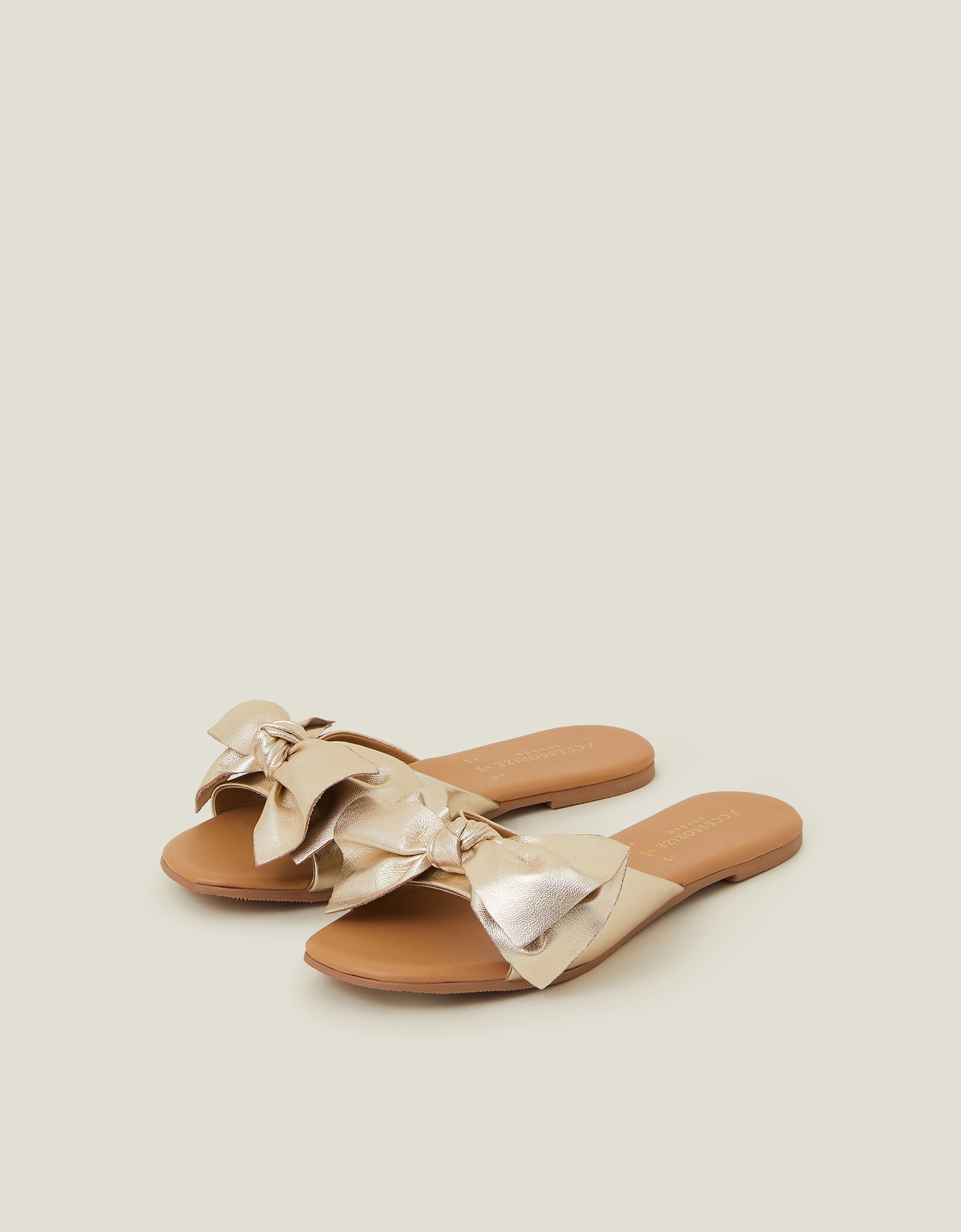Metallic Bow Slide Sandals Gold, Size: 38, Women's - Accessorize