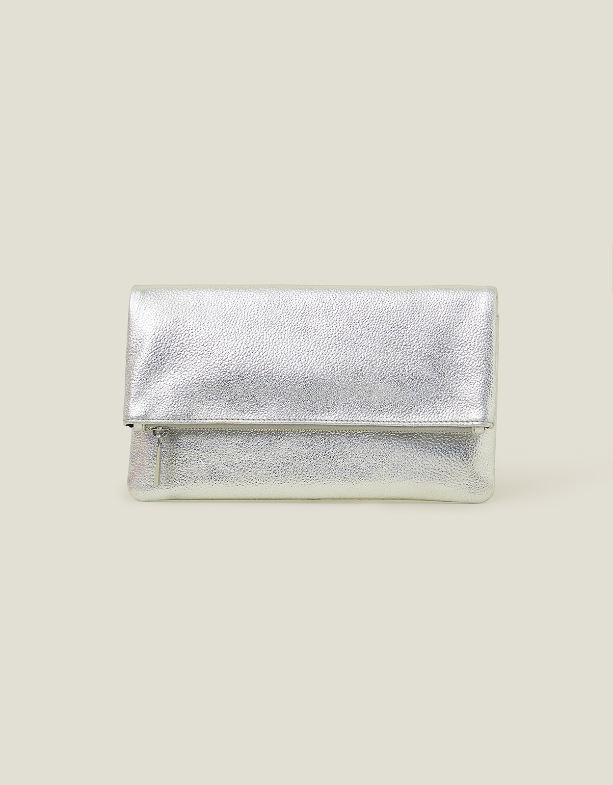Leather Metallic Fold Over Clutch Silver, Women's - Accessorize