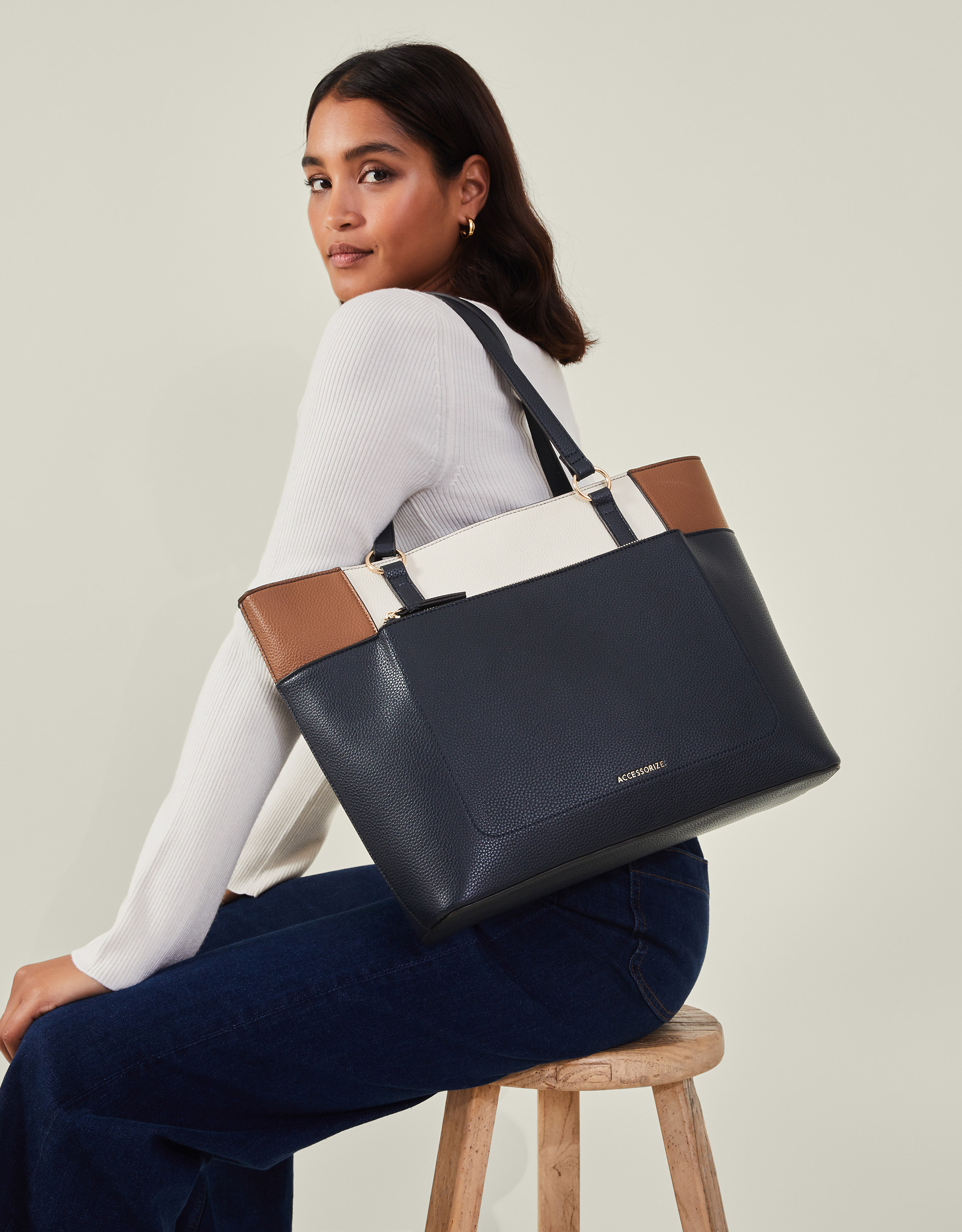 Navy and Cream Smart Pu Colour Block Tote Bag, Size: 30x36cm, Women's - Accessorize