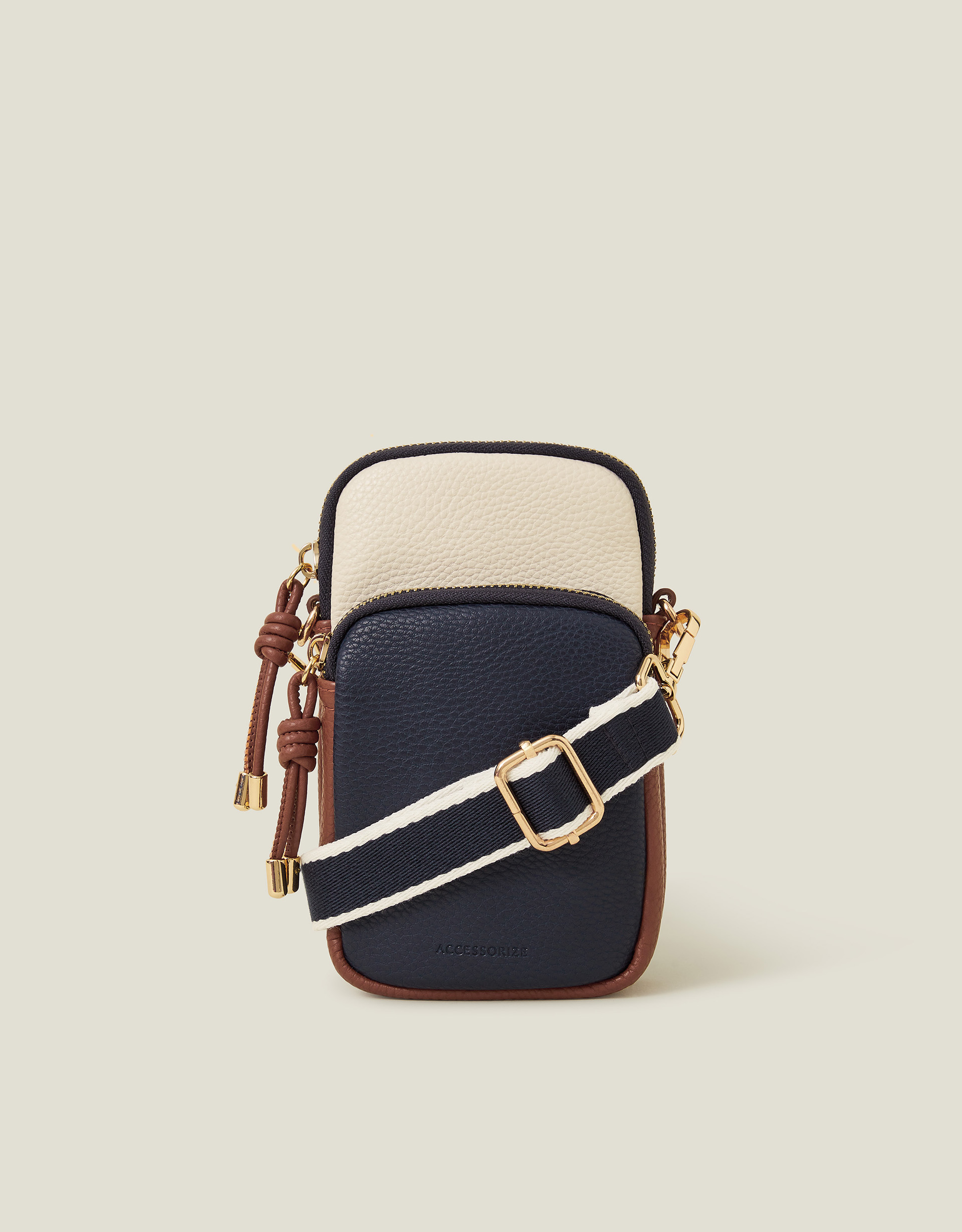 Navy & Cream Leather Webbing Strap Zip Phone Bag, Size: 17x10cm, Women's - Accessorize