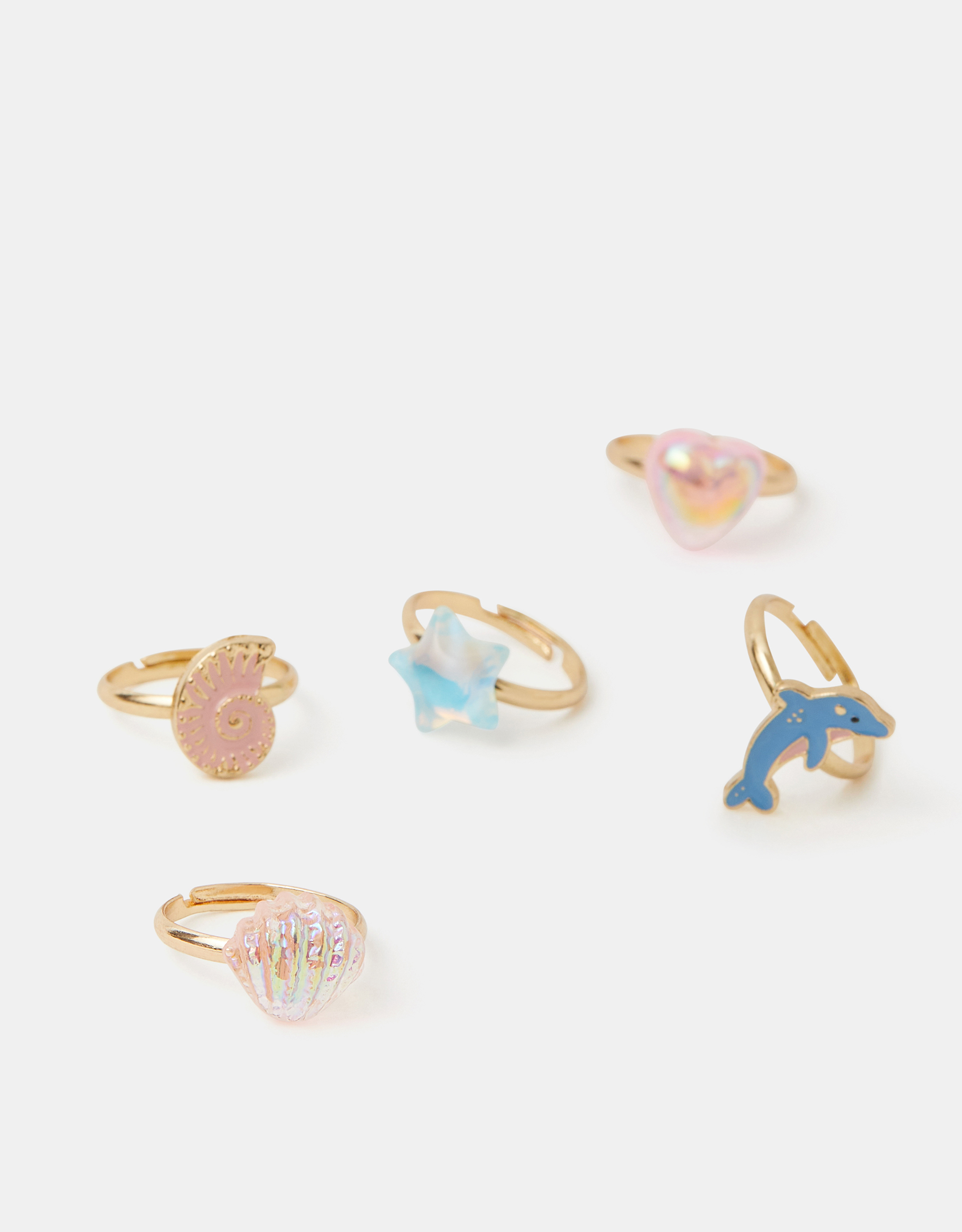 Accessorize Heart Print 5-Pack Girls Sea Life Adjustable Rings, Gold