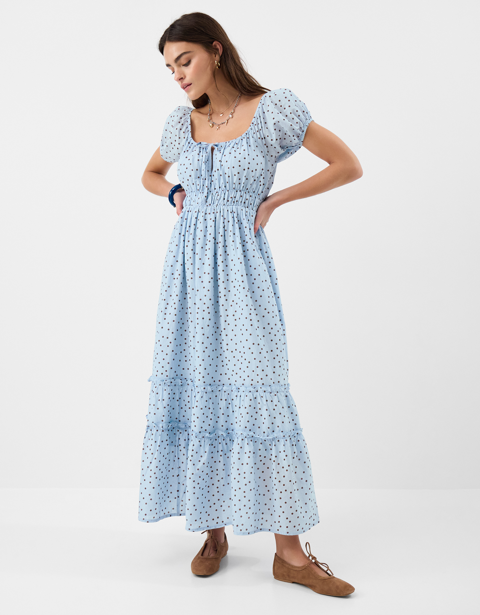 Blue/black Polka Dot Puff Sleeve Midi Dress Blue, Size: XS, Women's