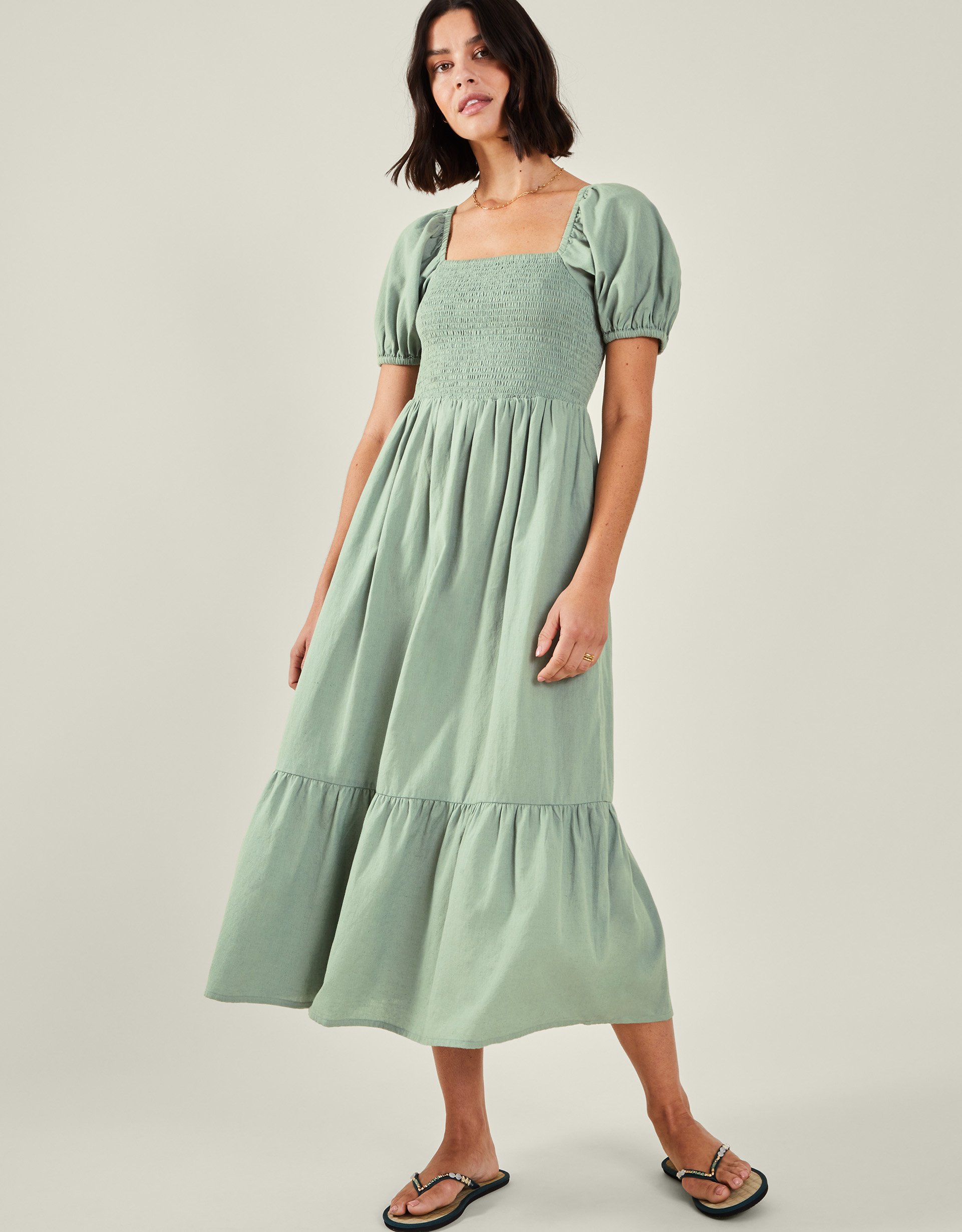 Khaki Cotton Puff Sleeve Smocked Midi Dress, Size: XL, Women's - Accessorize Green