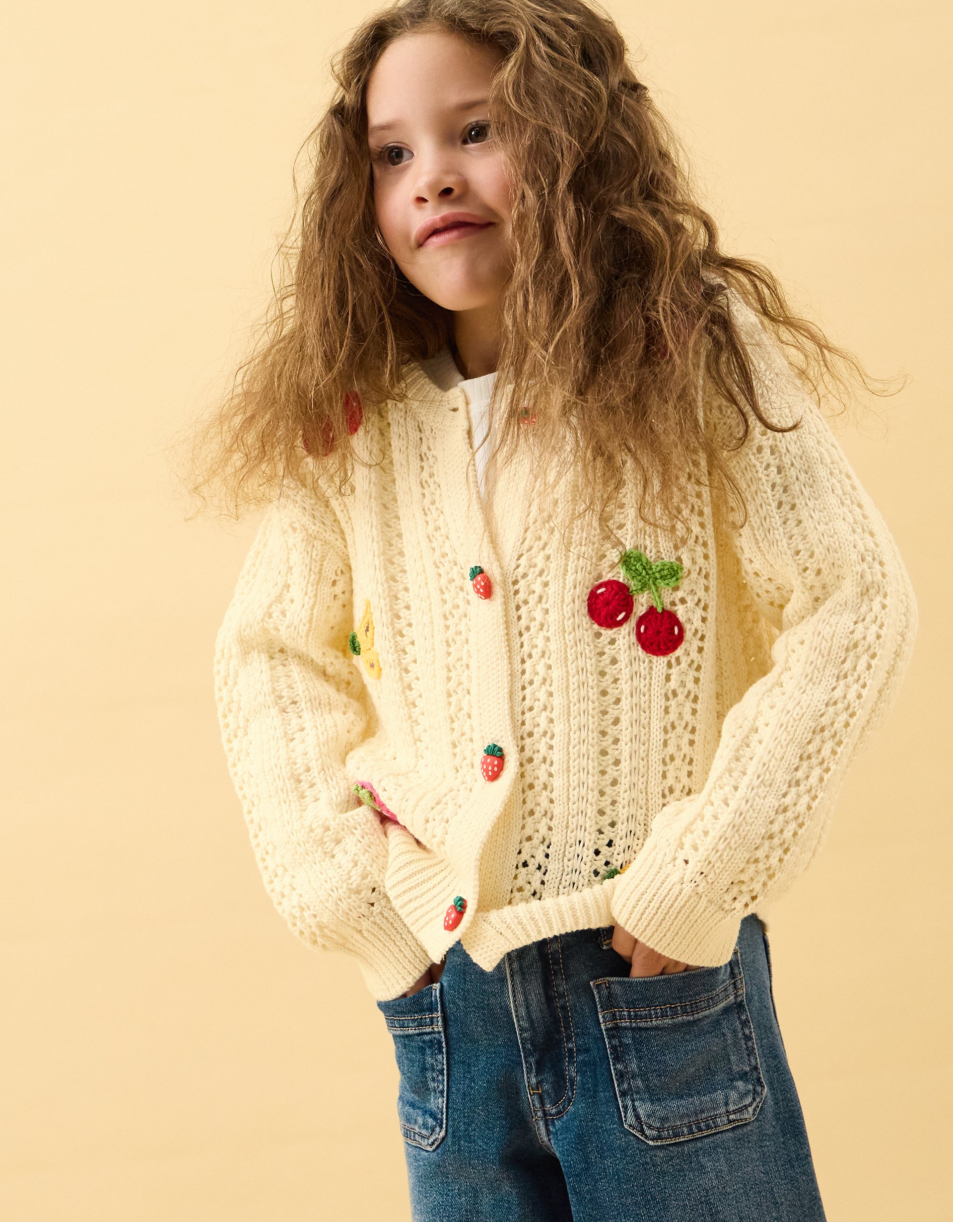 Accessorize Kids Cotton Fruit Embroidered Knit Cardigan Ivory, Cream & Red, Size: 7-8 Years