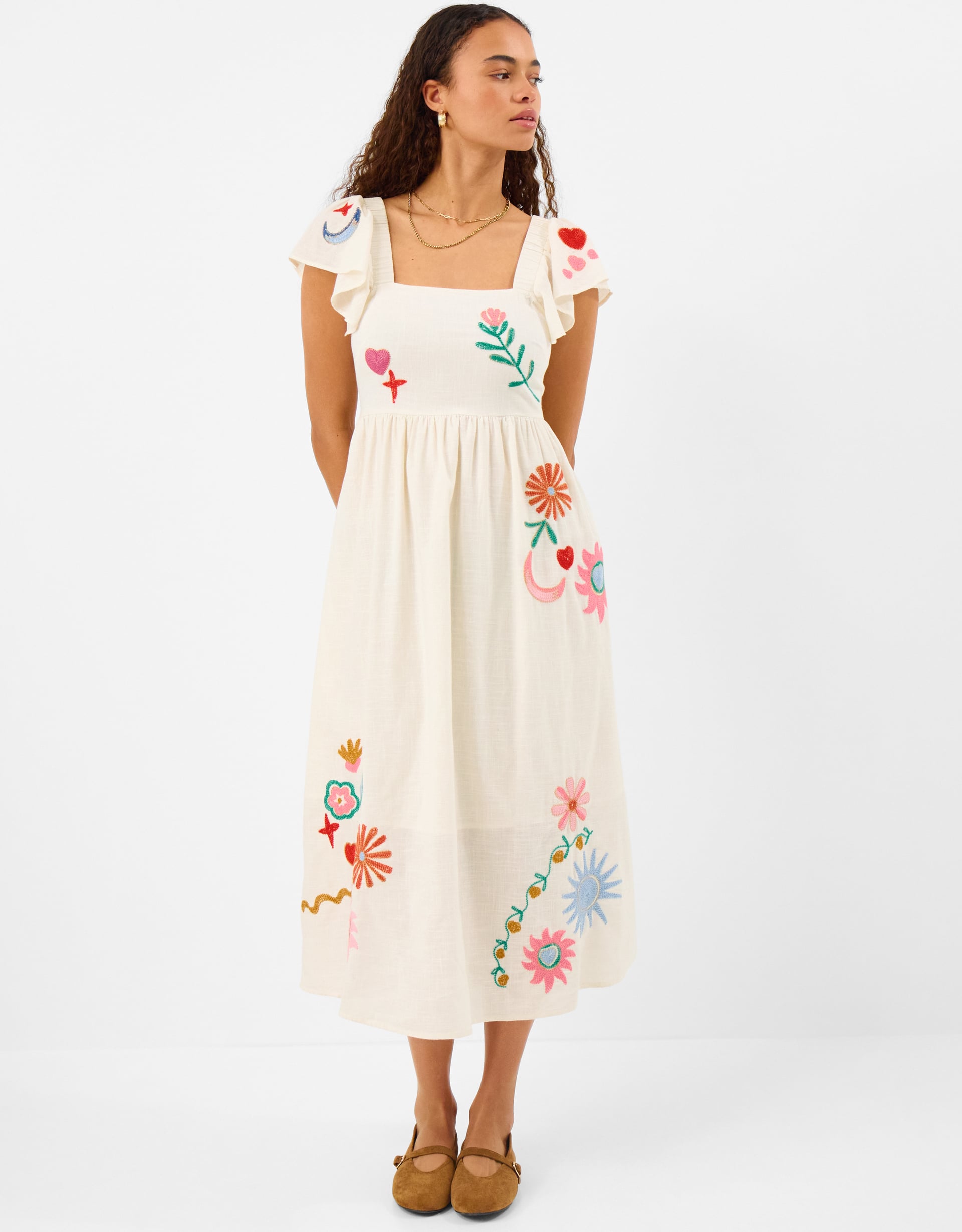 Accessorize Cotton Embroidered Floral Midi Dress, Cream, Size: XS