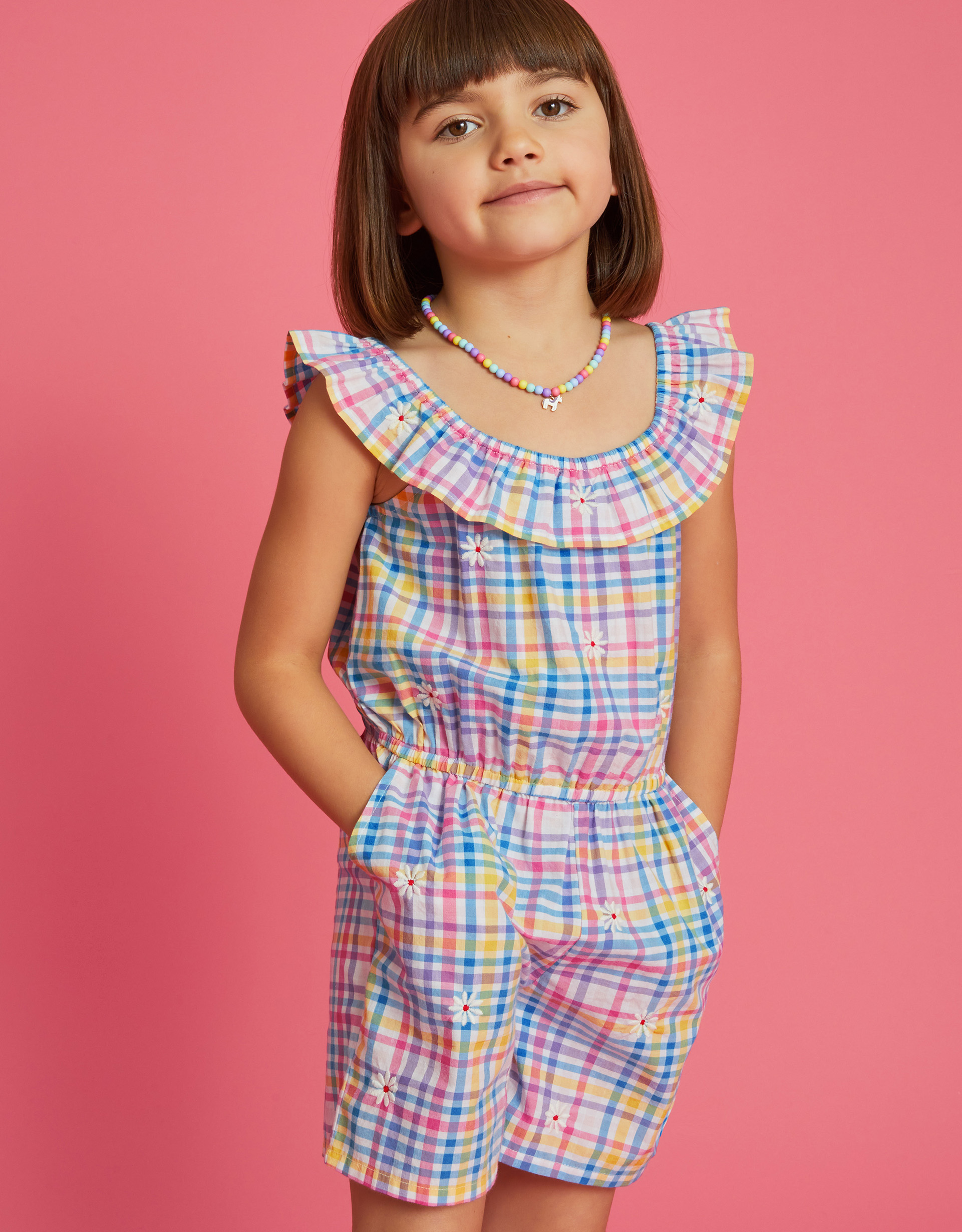Blue &pink Floral Embroidered Check Bardot Playsuit, Size: 11-12 Years, Girl's - Accessorize