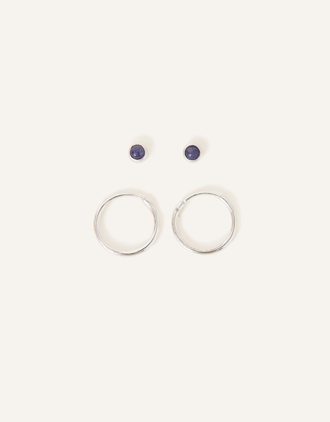 Accessorize Women's Sterling Silver and Navy Blue Set of Two Aventurine Stud Hoops, Size: 5cm