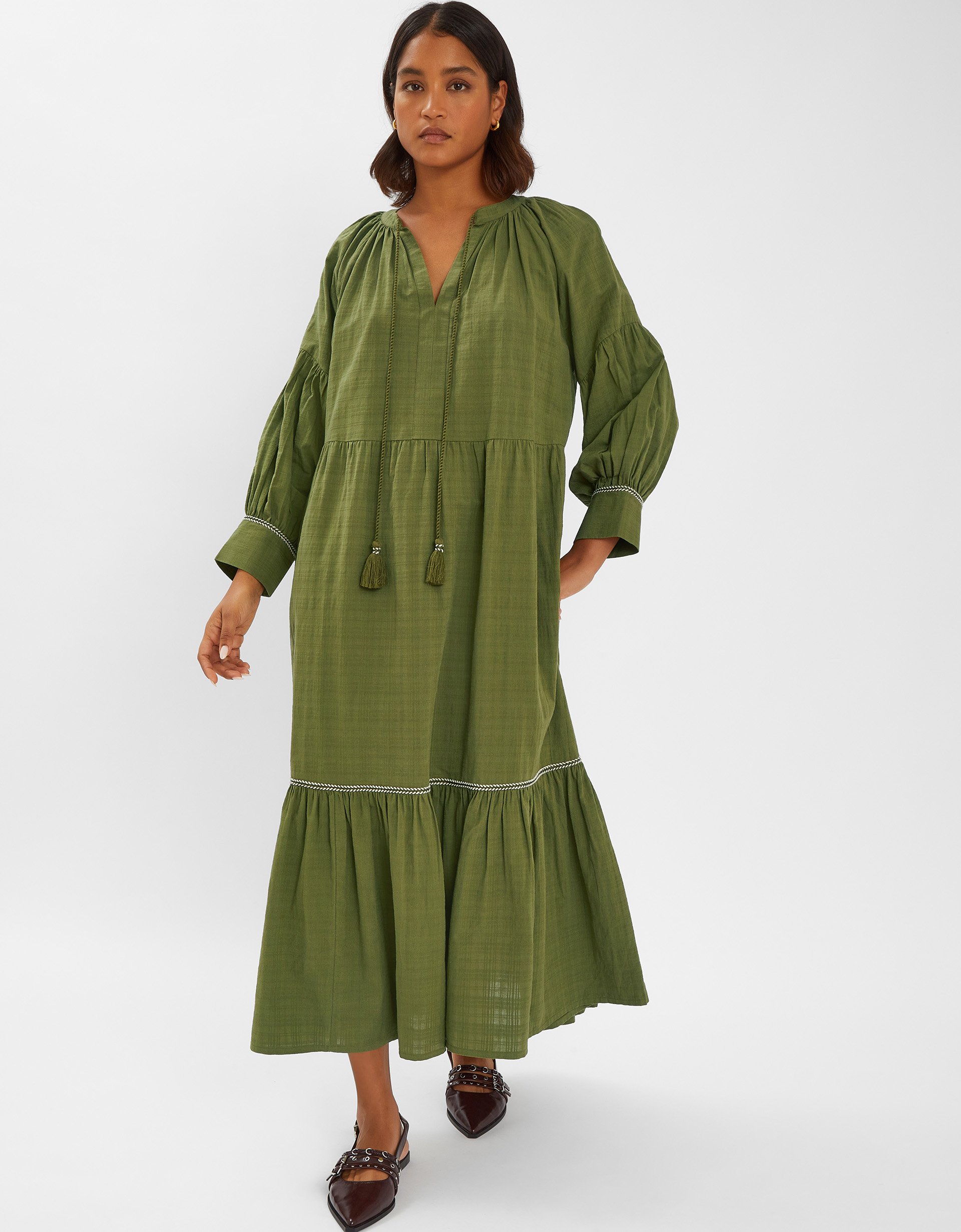 Long-sleeve Tiered Maxi Dress Green, Size: M - Accessorize