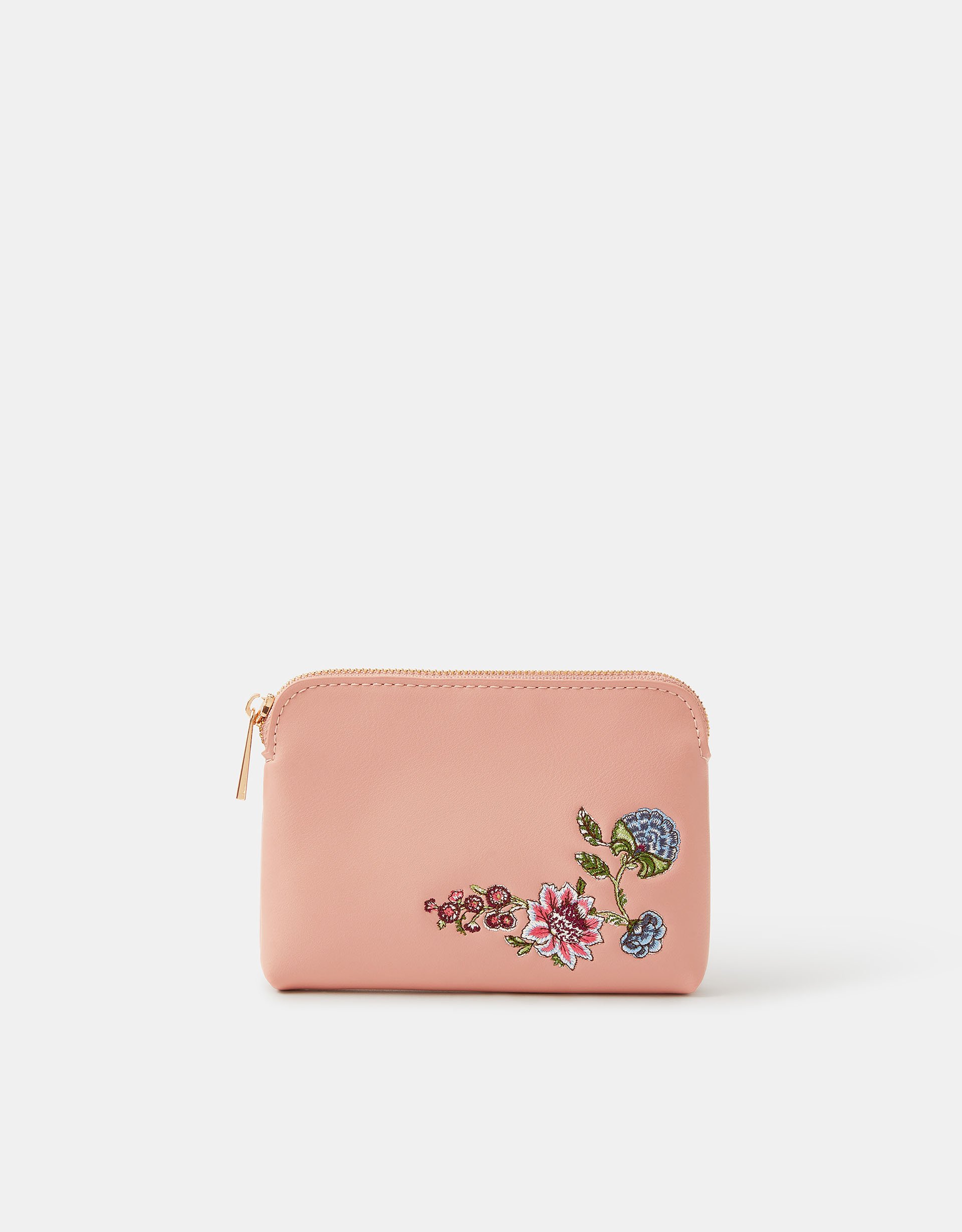 Accessorize Faux Leather Embroidered Floral Coin Purse, Pink