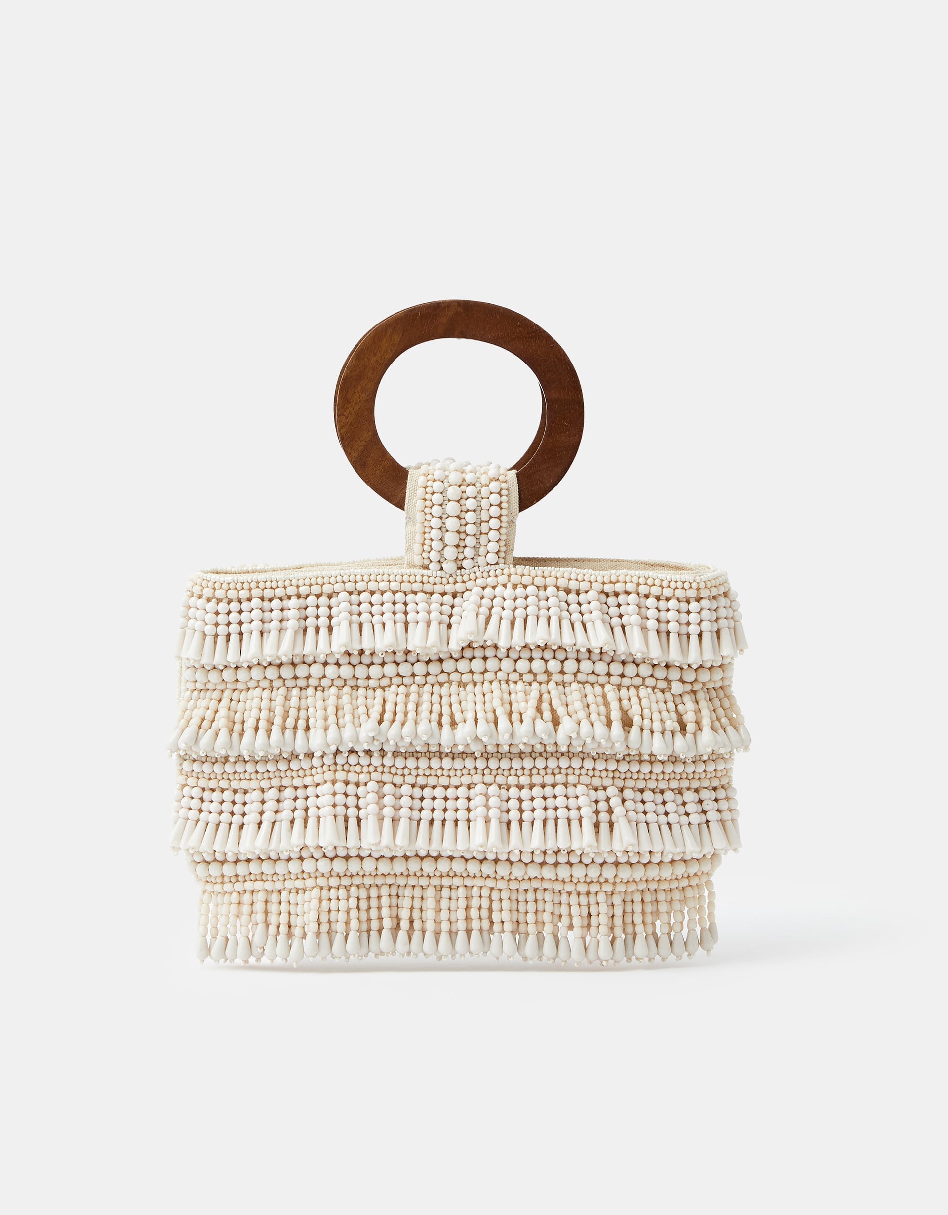 Accessorize Wood Wooden Handle Beaded Fringe Bag