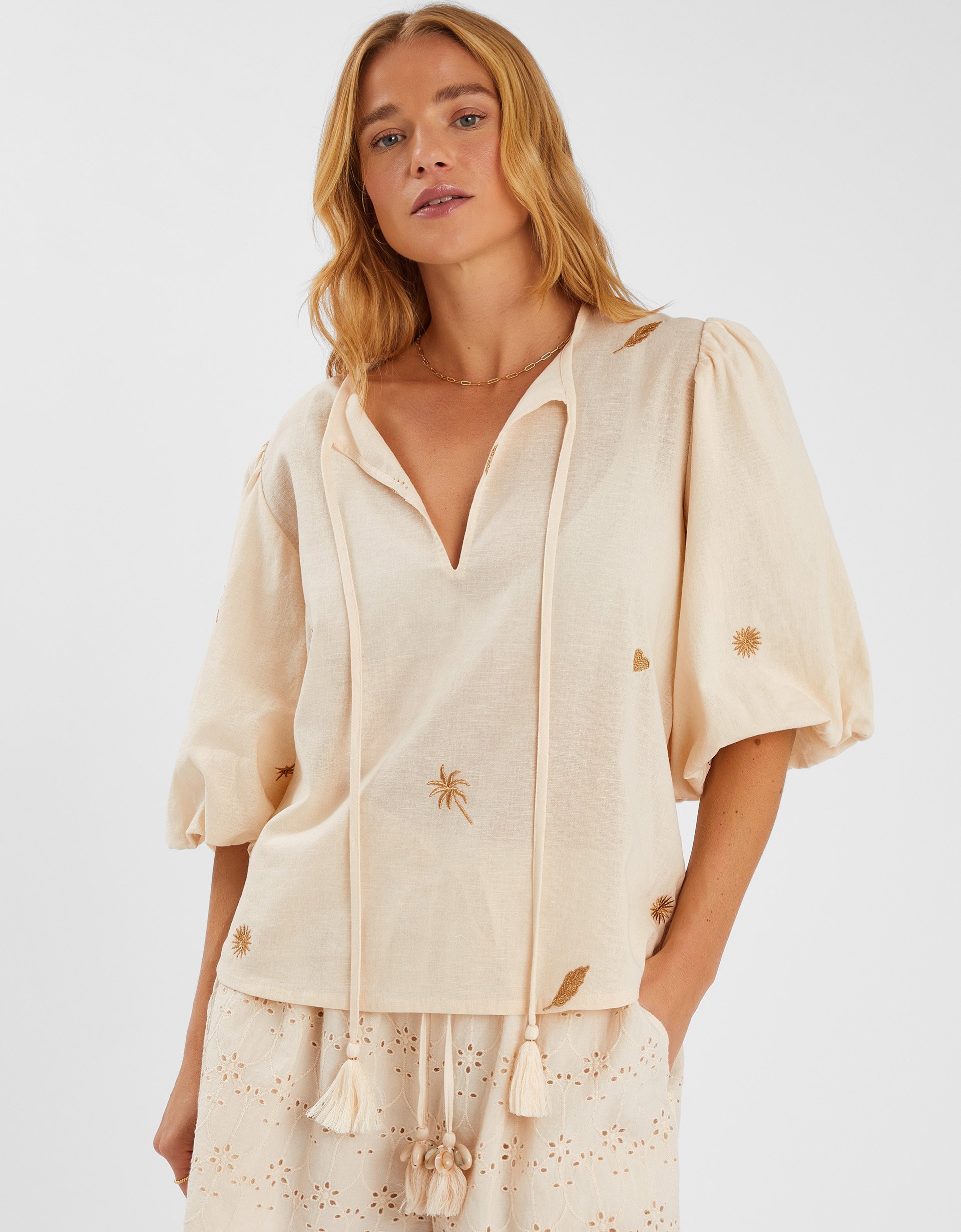 Beige Cotton Embroidered Puff Sleeve Top, Size: L, Women's - Accessorize