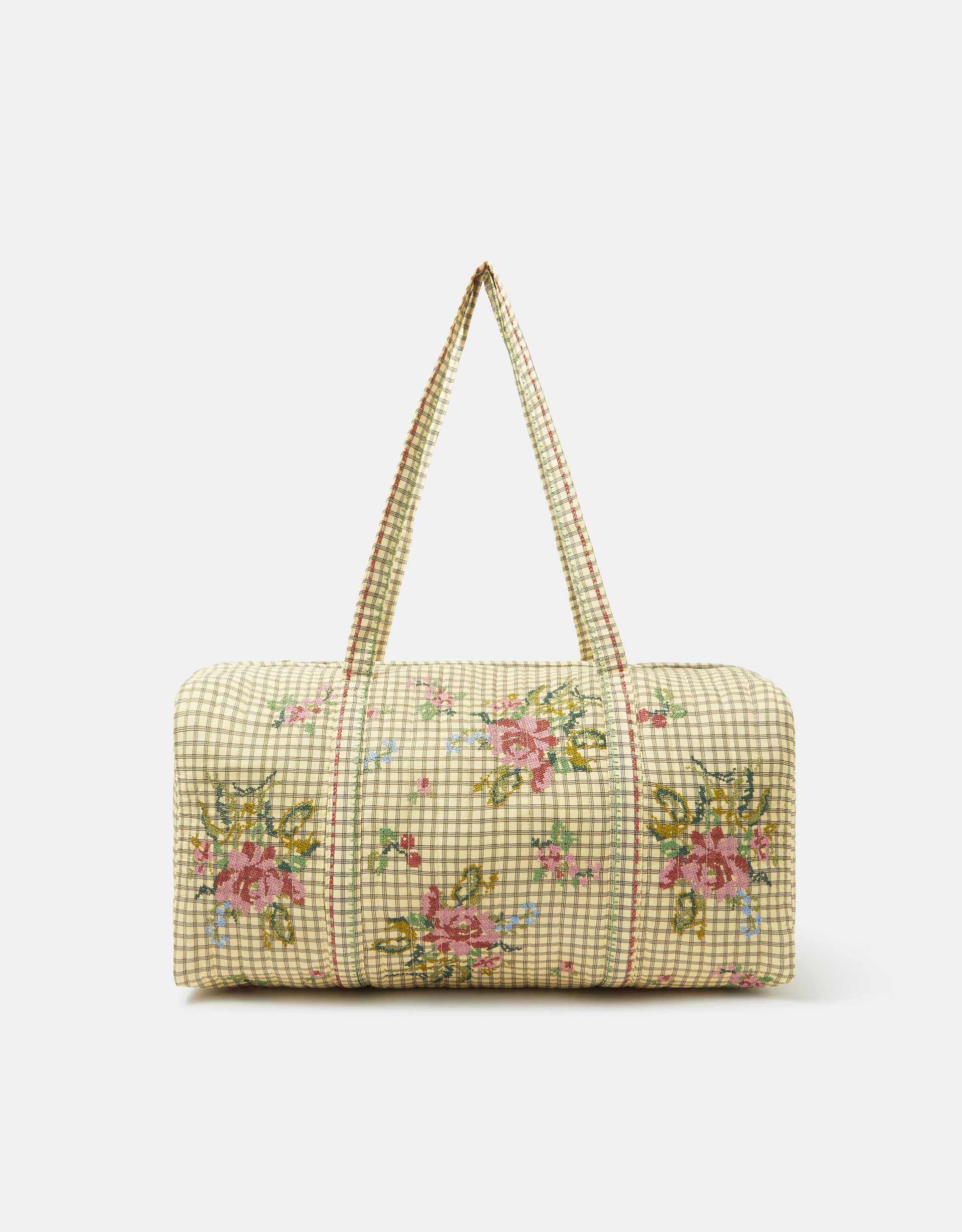 Red Floral Embroidered Check Weekend Bag
