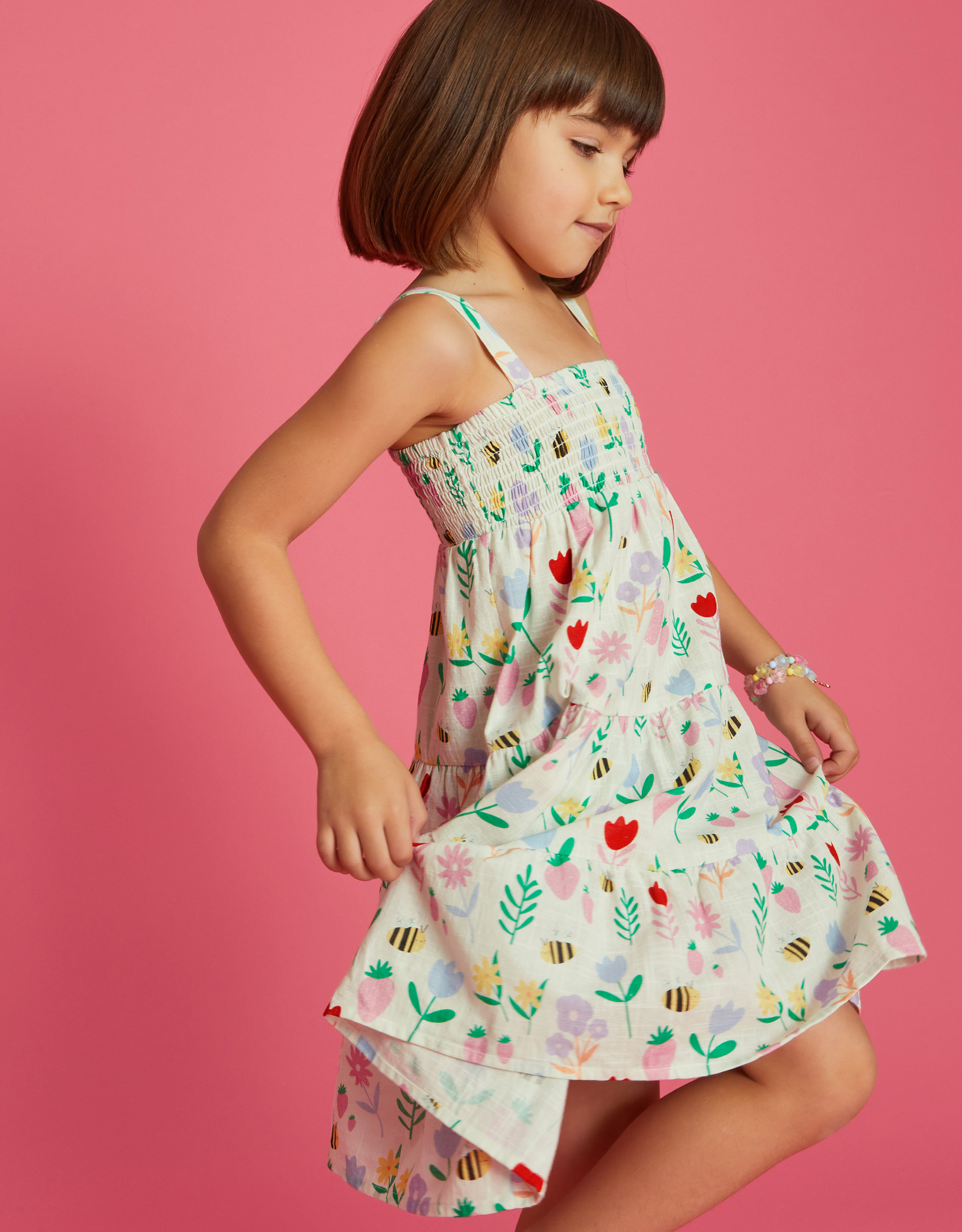 White and Green Floral Print Cotton Tiered Dress, Size: 5-6 Yrs, Girls - Accessorize Kids