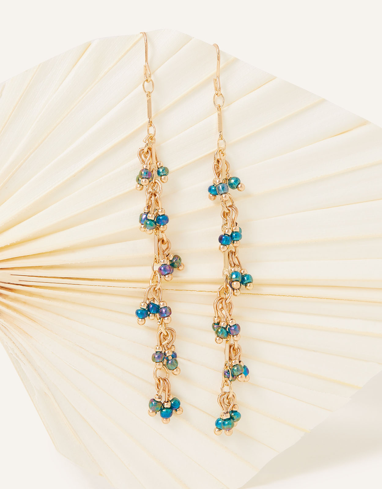 Accessorize Women's Gold and Blue Beaded Long Drop Earrings, Size: 9cm
