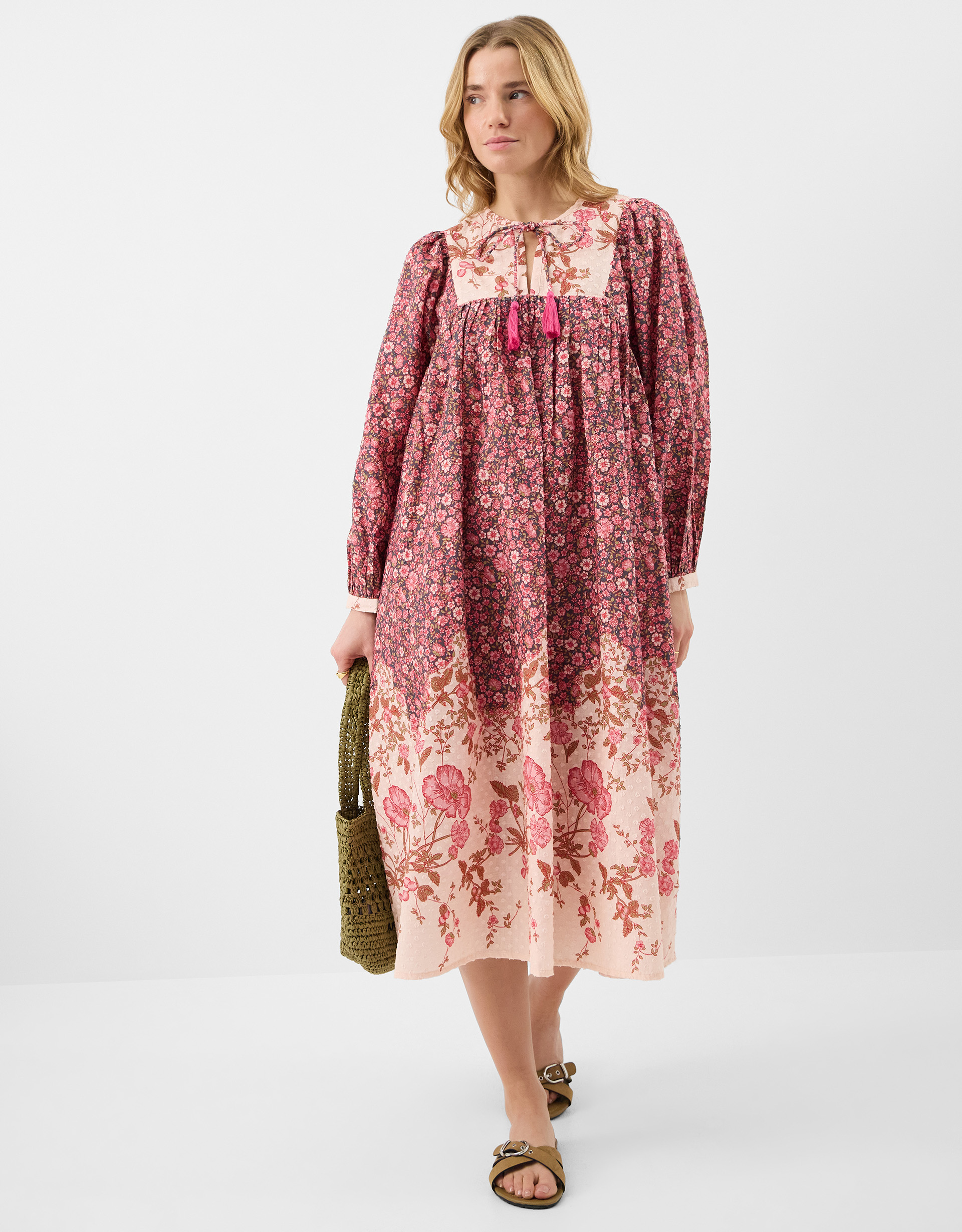 Pink/cream Floral Print Long Sleeve Midi Dress Pink, Size: S, Women's