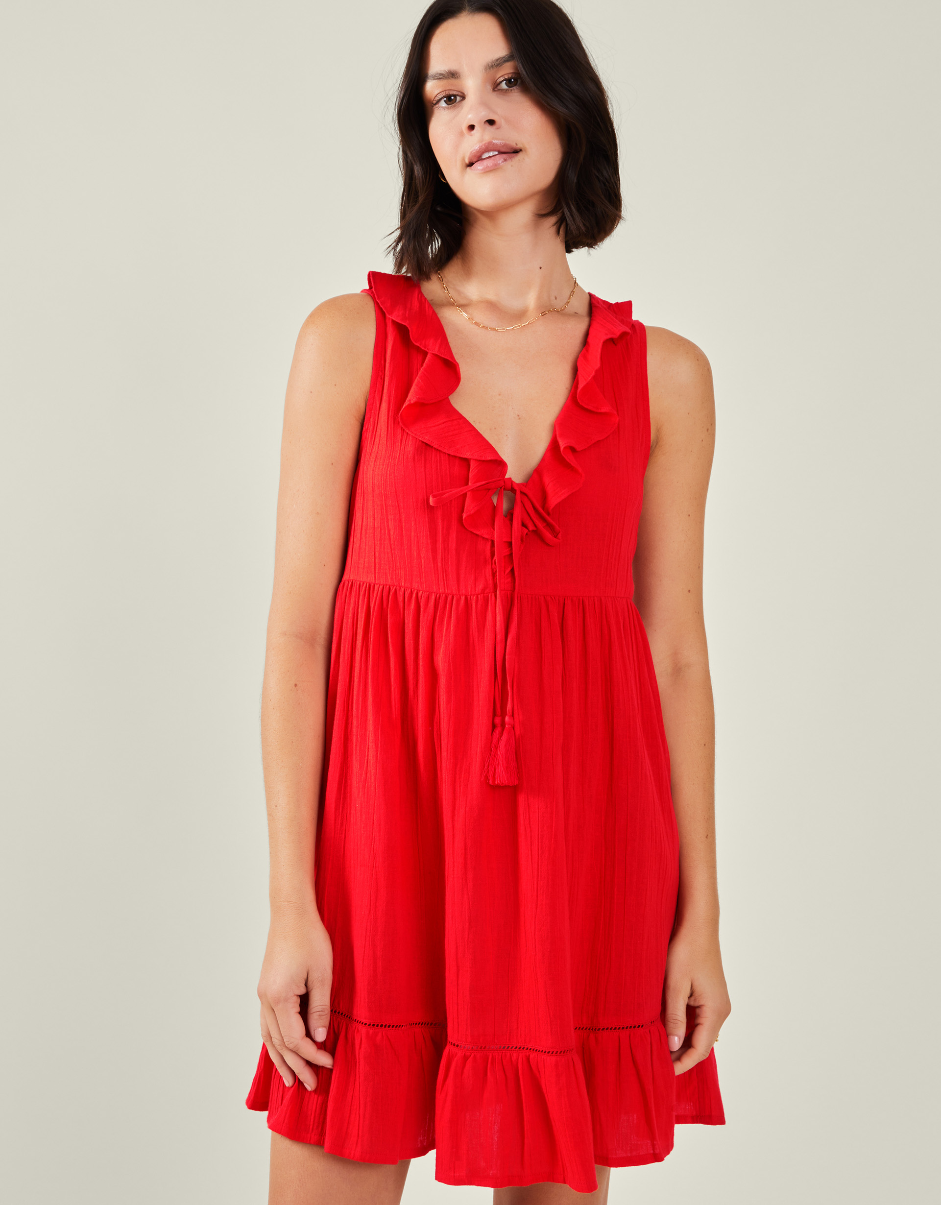 Red Cotton Sleeveless Ruffle Mini Dress, Size: M, Women's - Accessorize