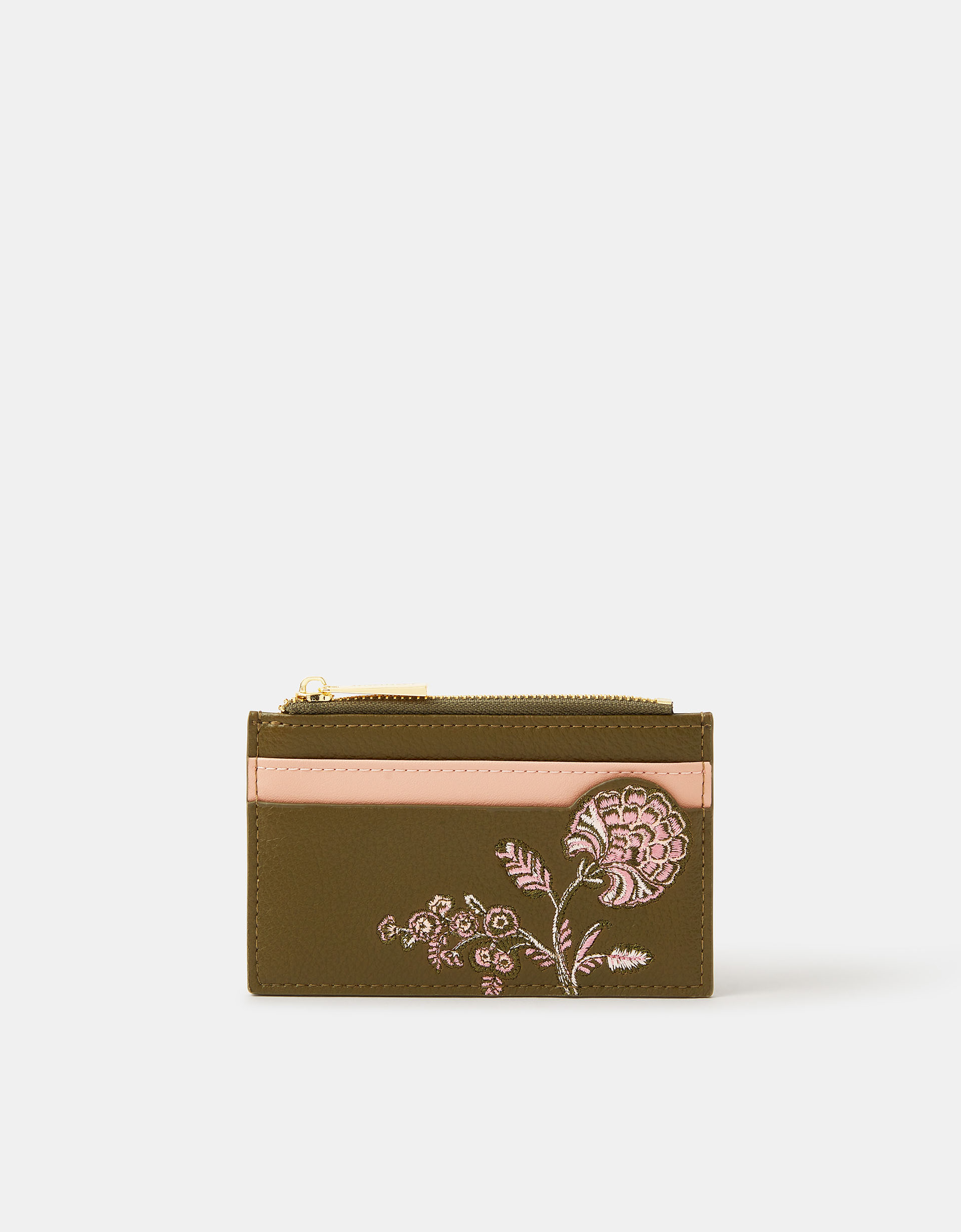Accessorize Faux Leather Embroidered Floral Card Holder, Khaki