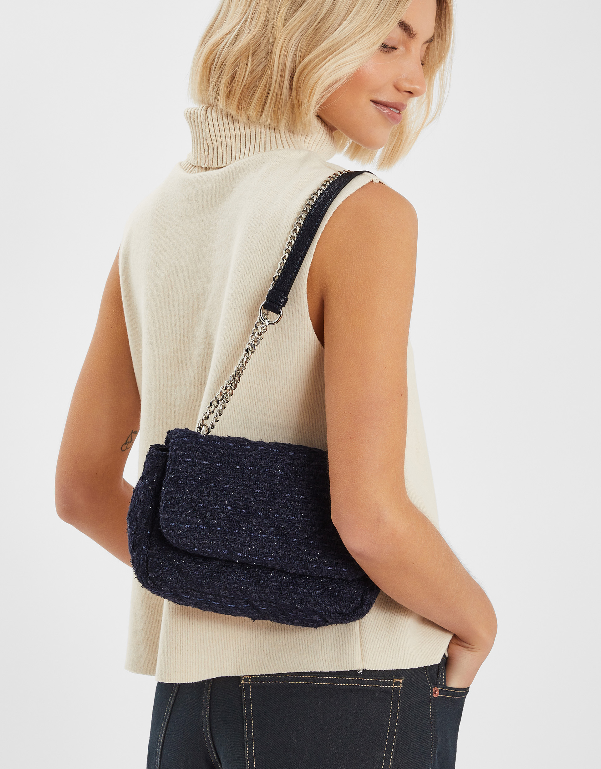 Navy Blue Boucle Chain Shoulder Bag - Accessorize