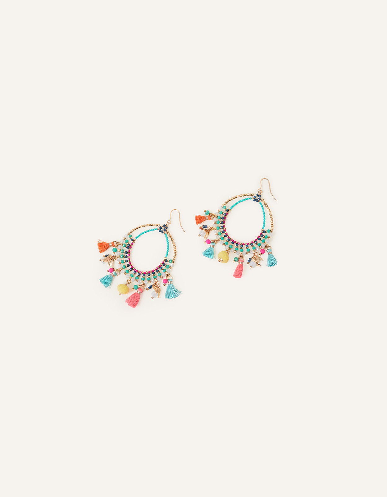 Accessorize Women's Gold, Pink and Green Lightweight Brass Statement Tassel Hoop Earrings, Size: 7cm