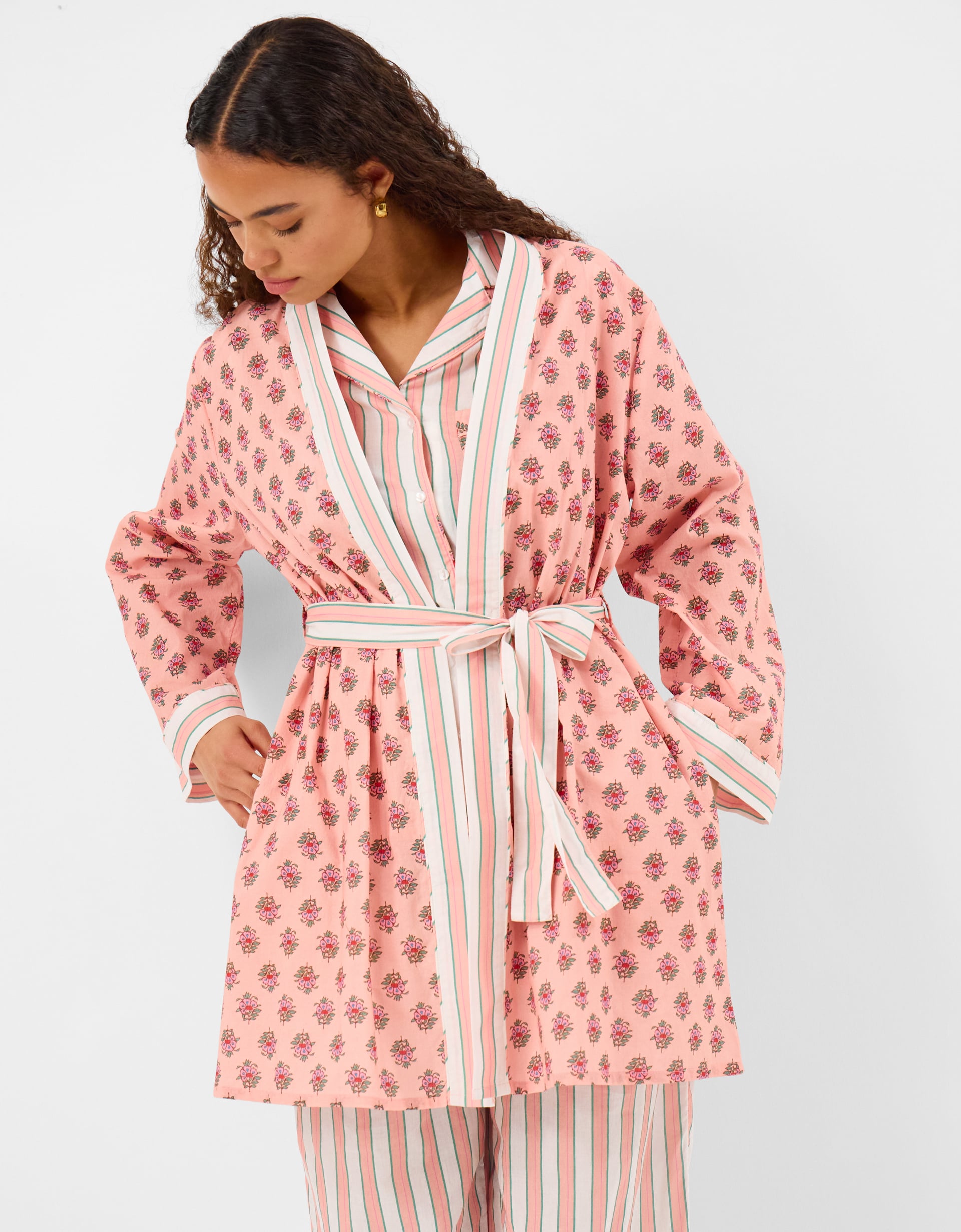 Block Print Cotton Short Dressing Gown Pink, Size: