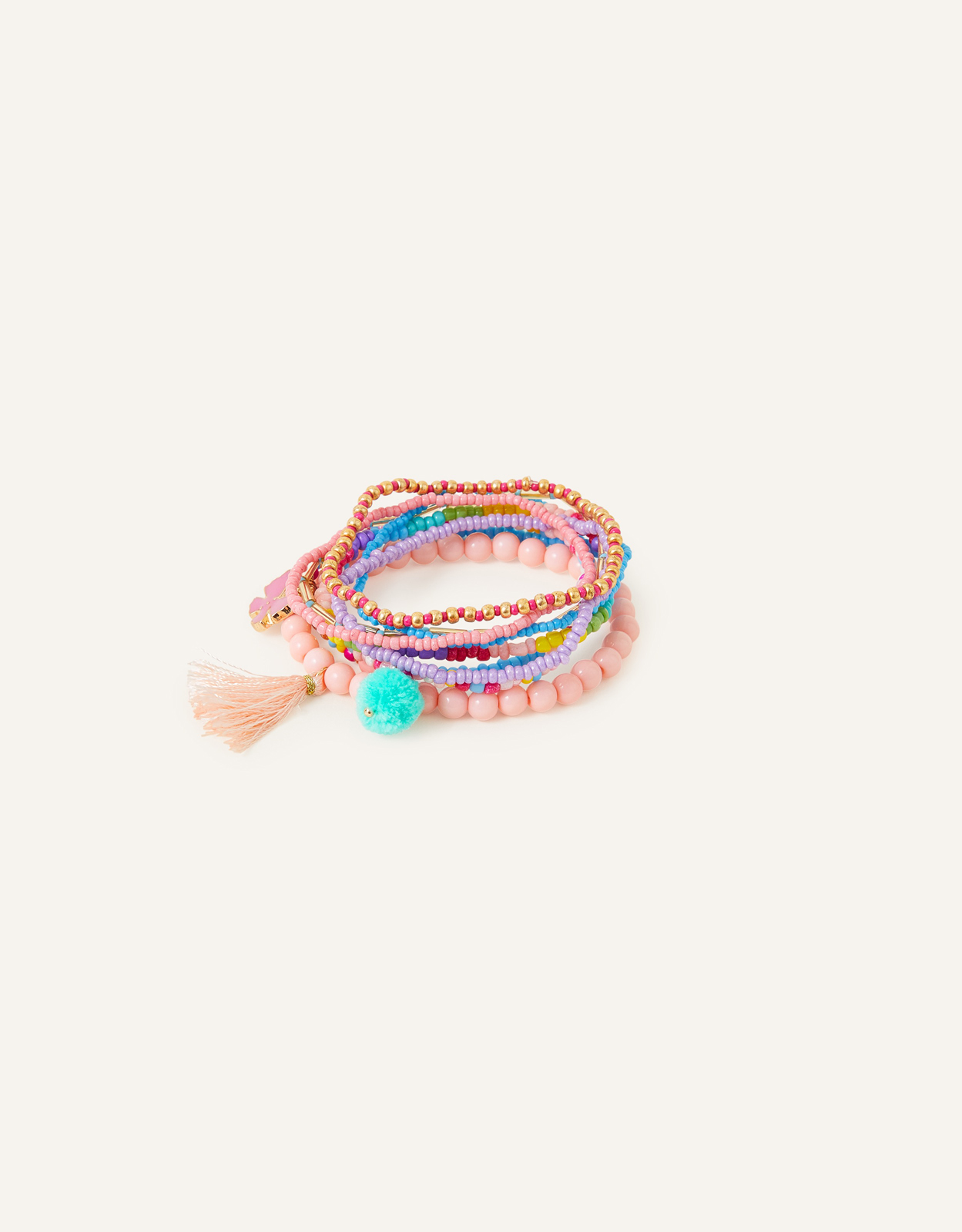 Accessorize Women's Pink and Blue Beaded Acrylic Pom-Pom Bangle Set, Size: 14cm