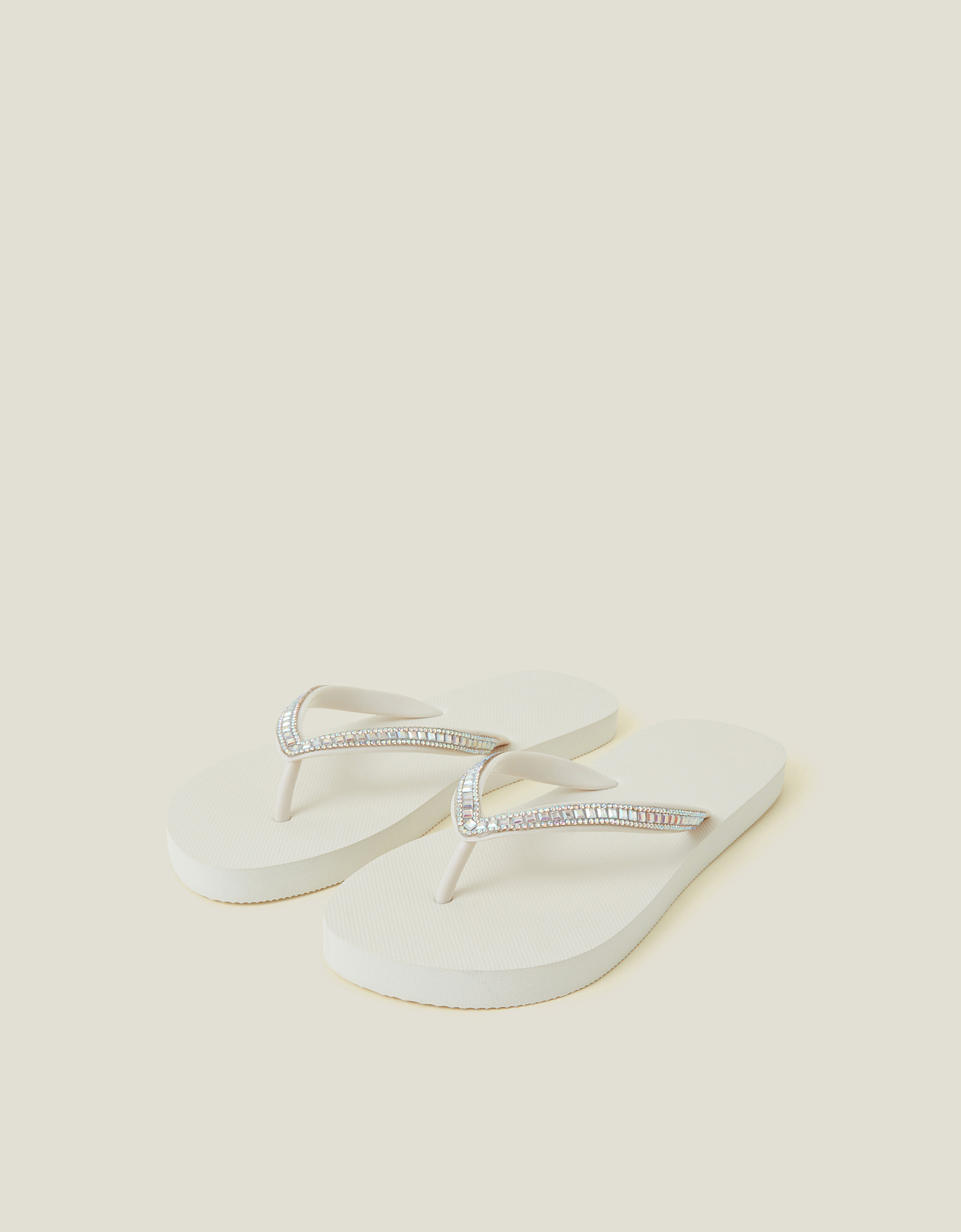 Crystal Embellished Flip Flops Cream, Size: L - Accessorize