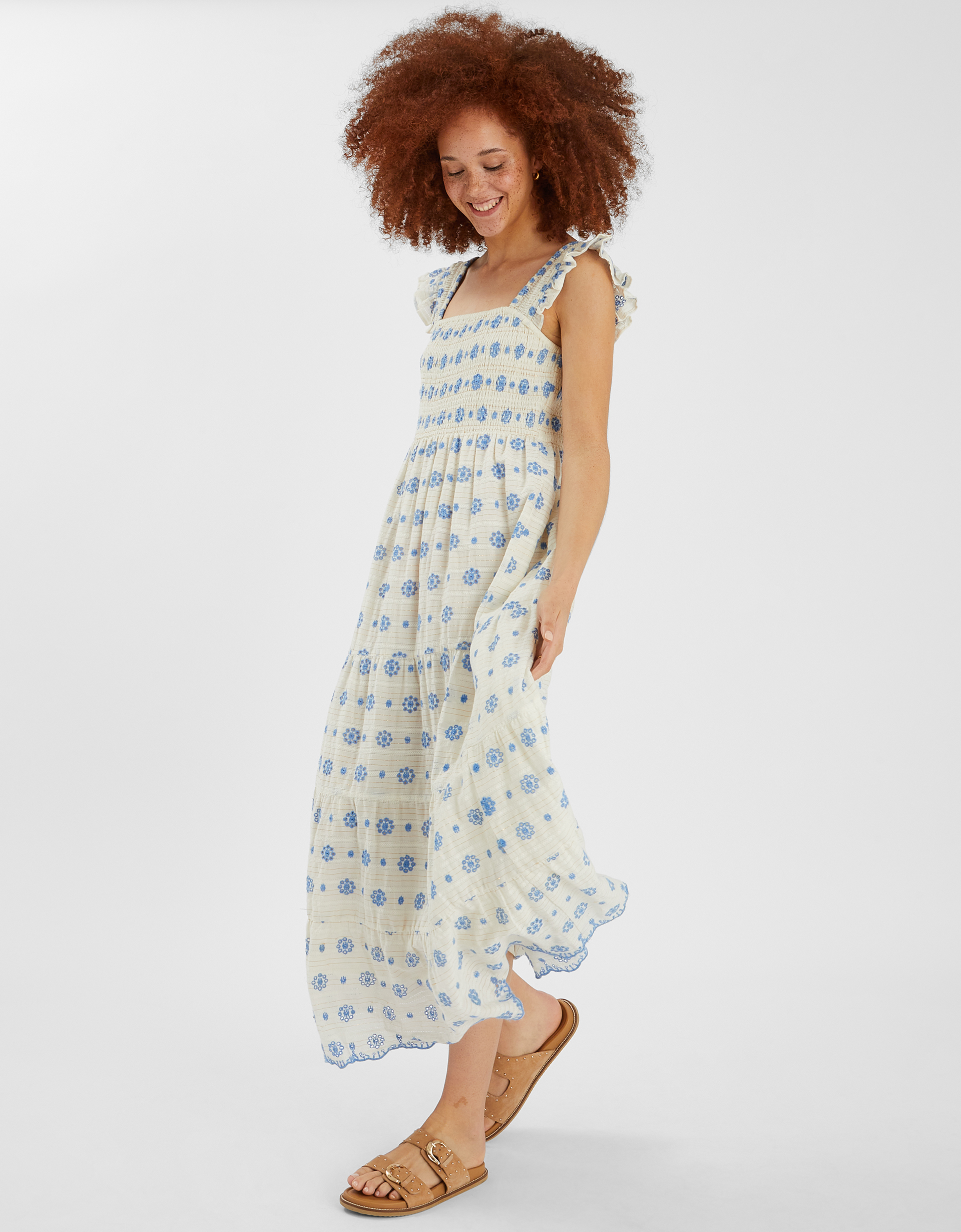 Broderie Smocked Metallic Maxi Dress White, Size: S - Accessorize