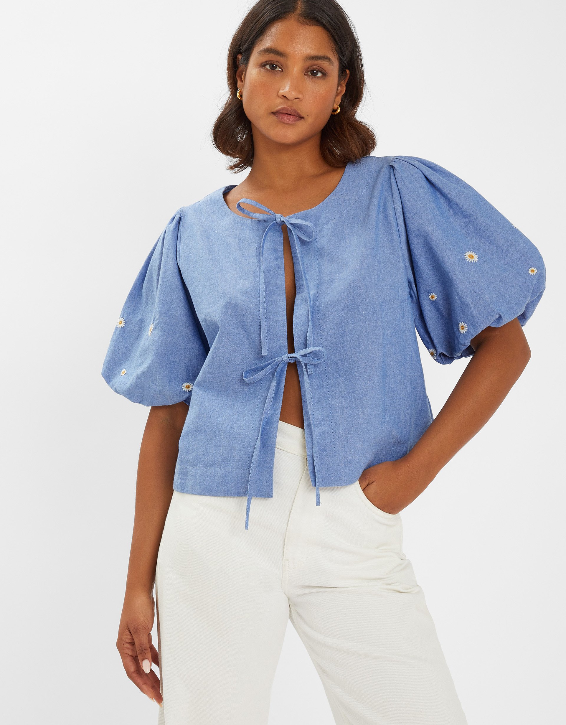Daisy Puff-sleeve Tie Top Blue, Size: S - Accessorize
