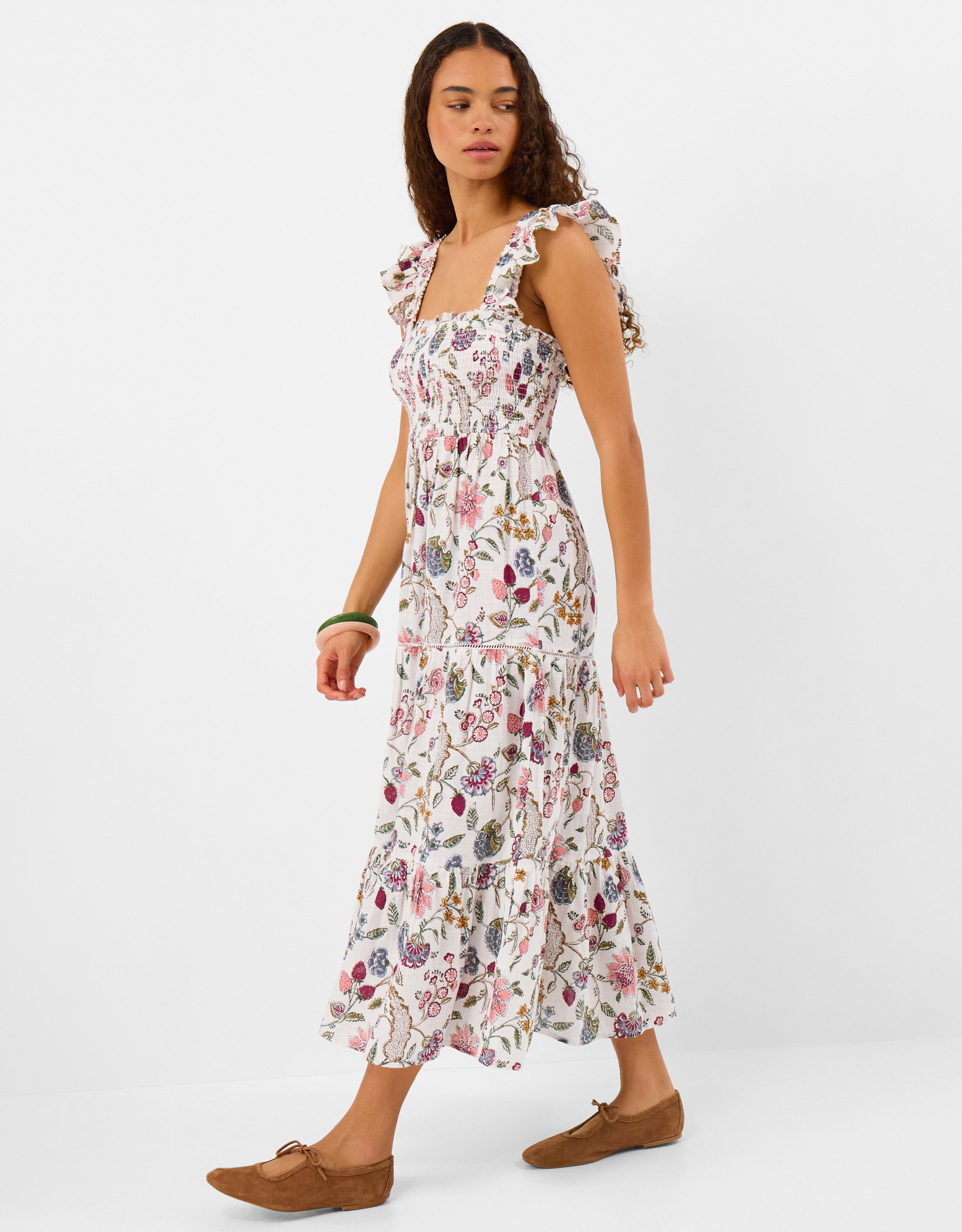Cotton Floral Print Tiered Maxi Dress Cream, Size: