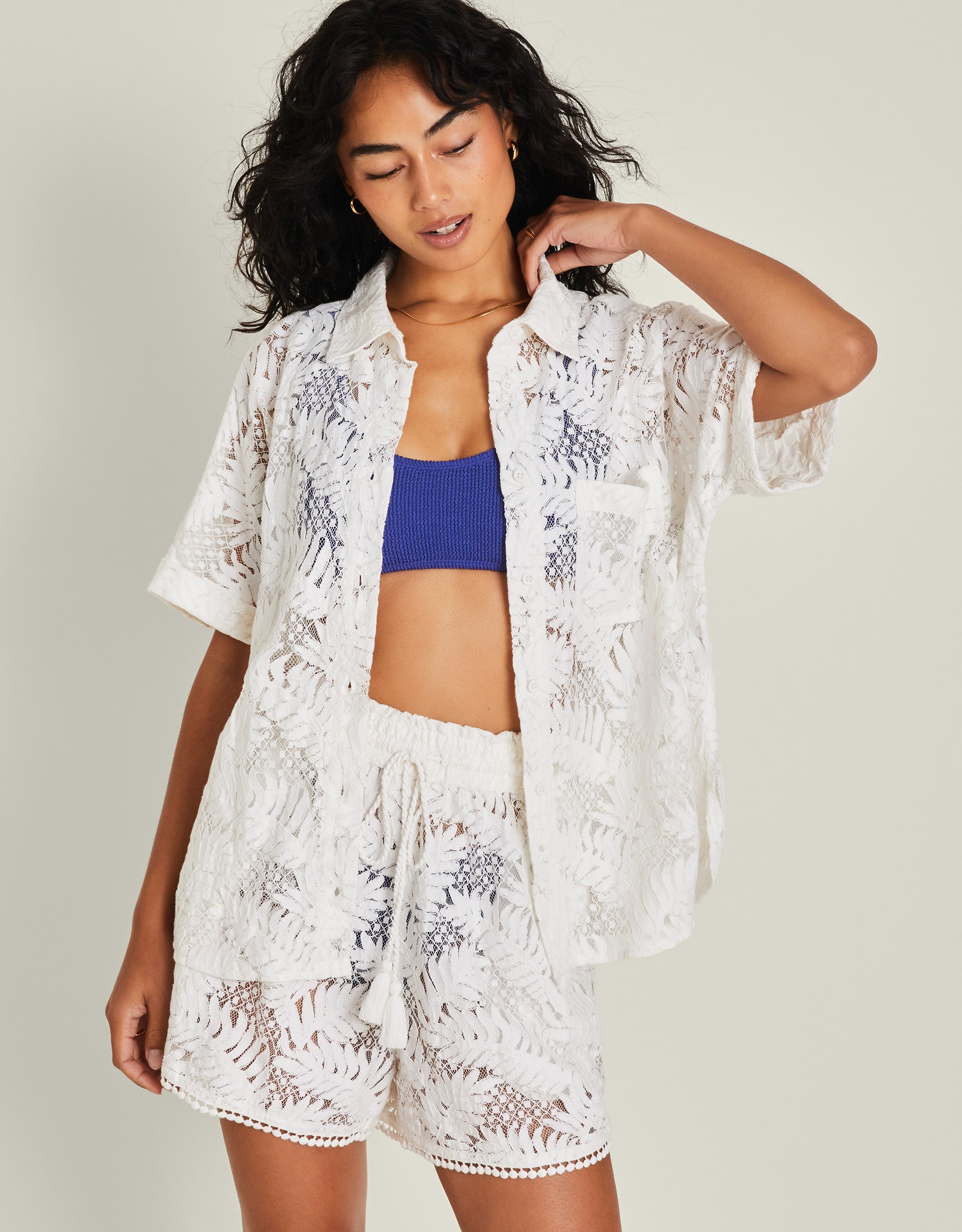 Cream Cotton Short Sleeve Lacy Palm Shirt, Size: S, Women's - Accessorize