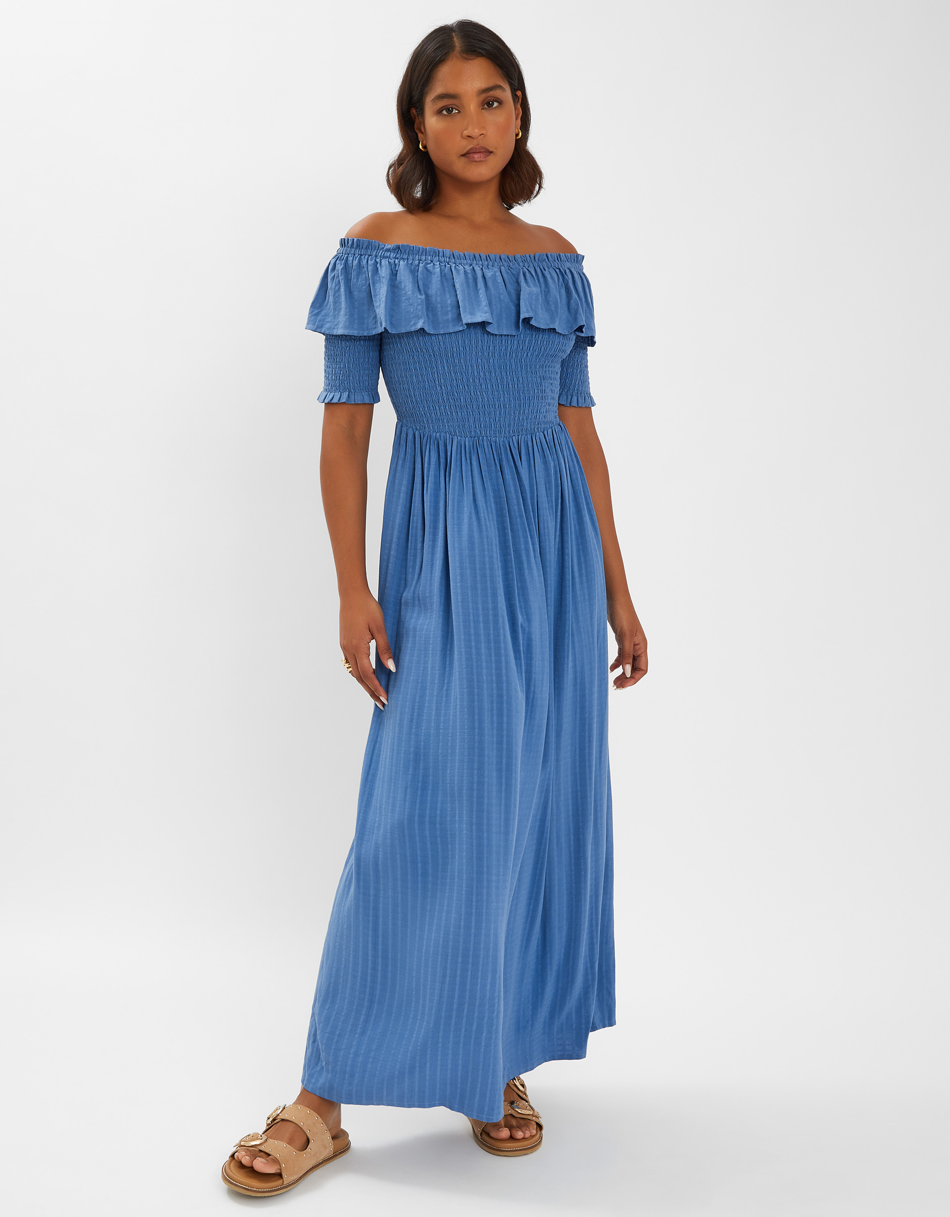 Off-the-shoulder Smocked Maxi Dress Blue, Size: L - Accessorize