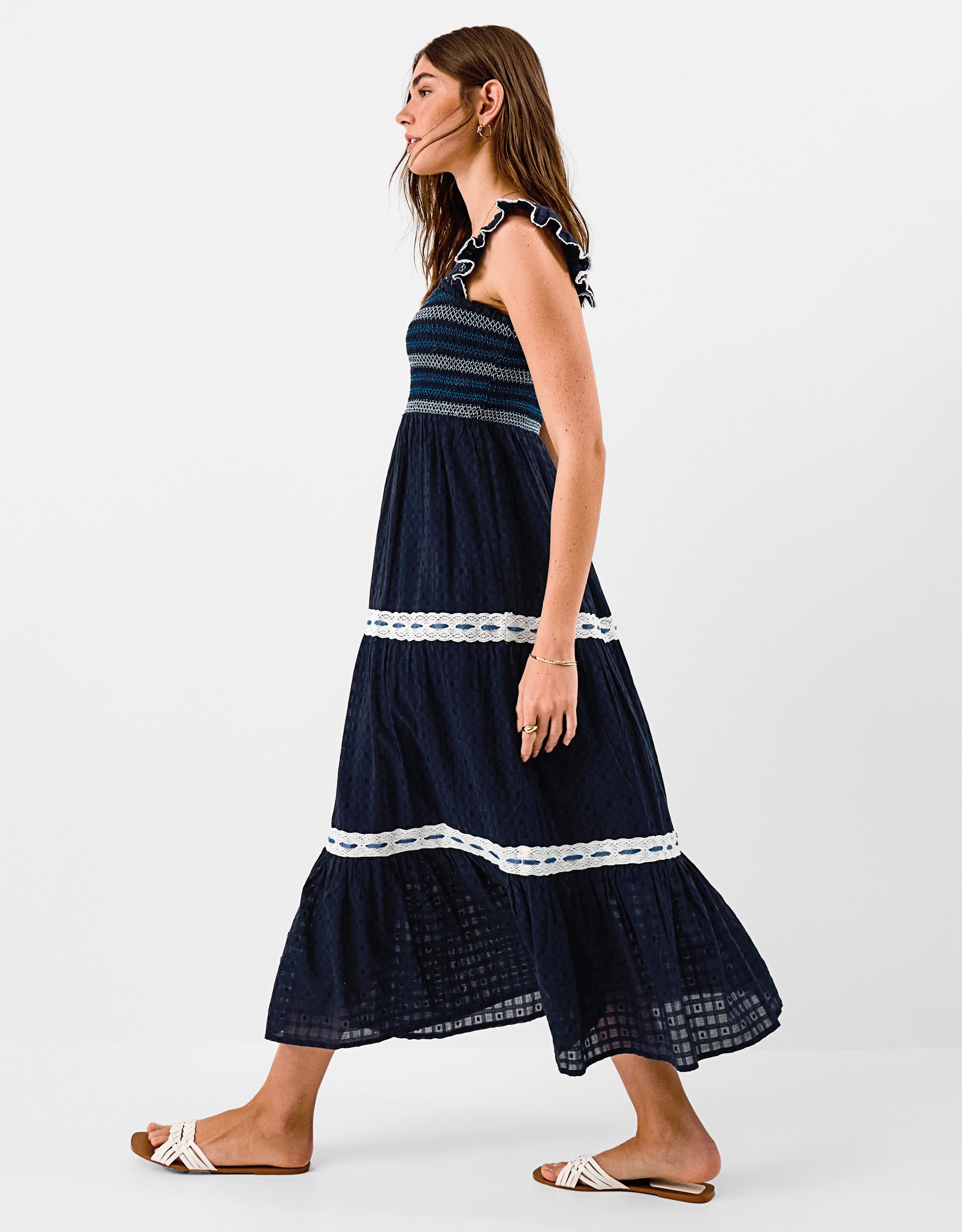 Accessorize Lace Tile Smocked Midi Dress, Blue, Size: S