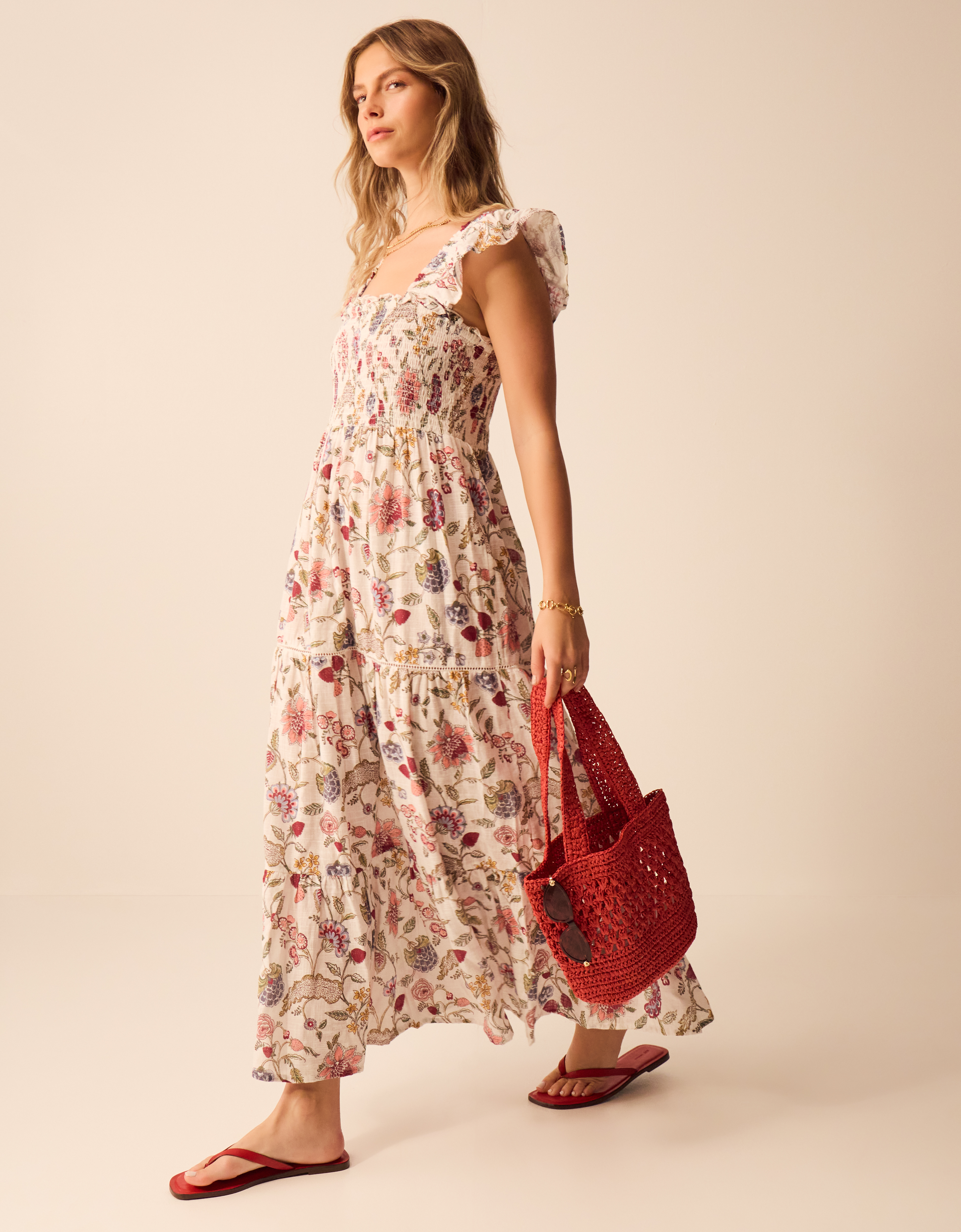 Cream, Red & Orange Floral Print Cotton Tiered Maxi Dress, Size: M, Women's - Accessorize