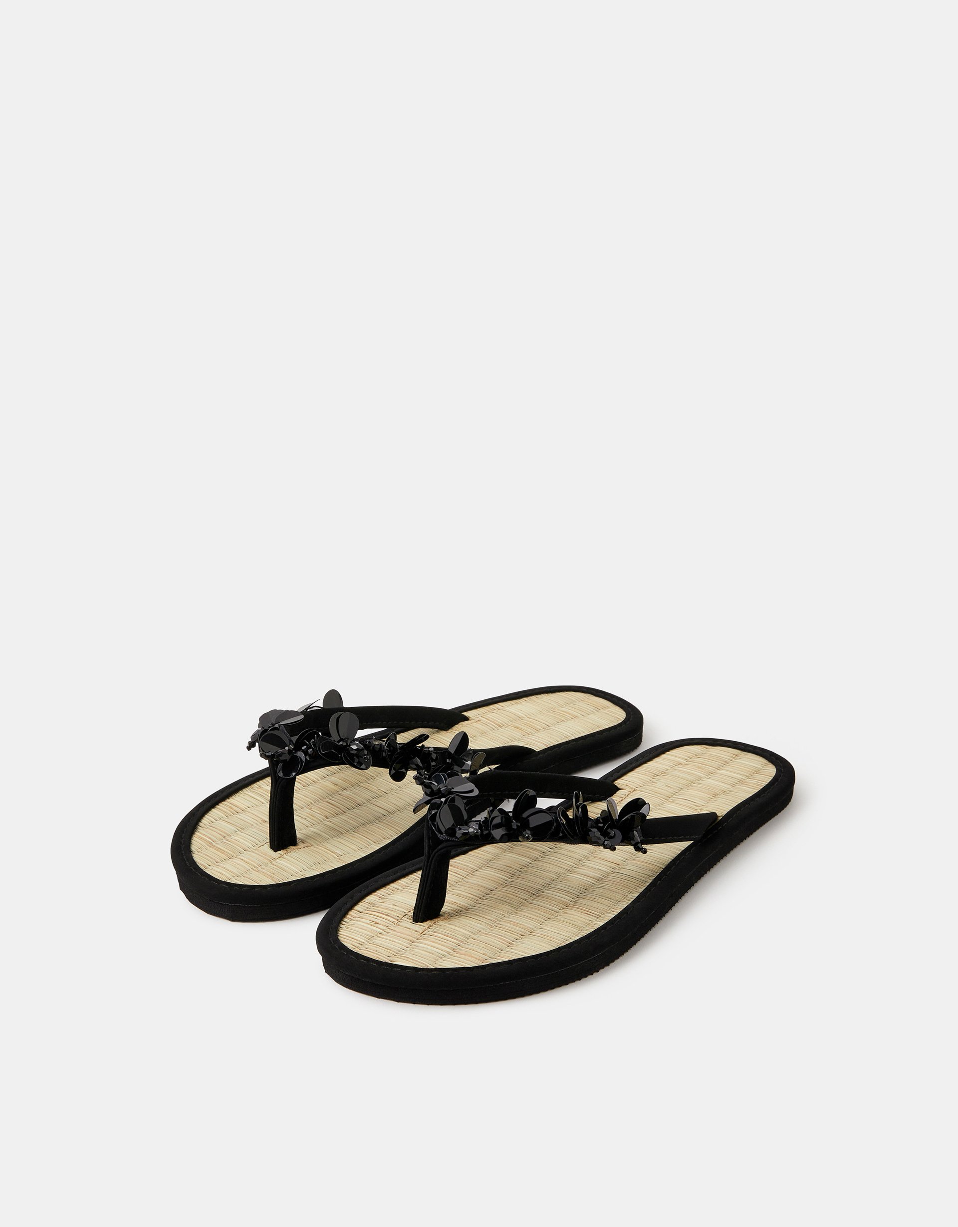 Sequin Embellished Seagrass Flip Flops Black, Size: L - Accessorize