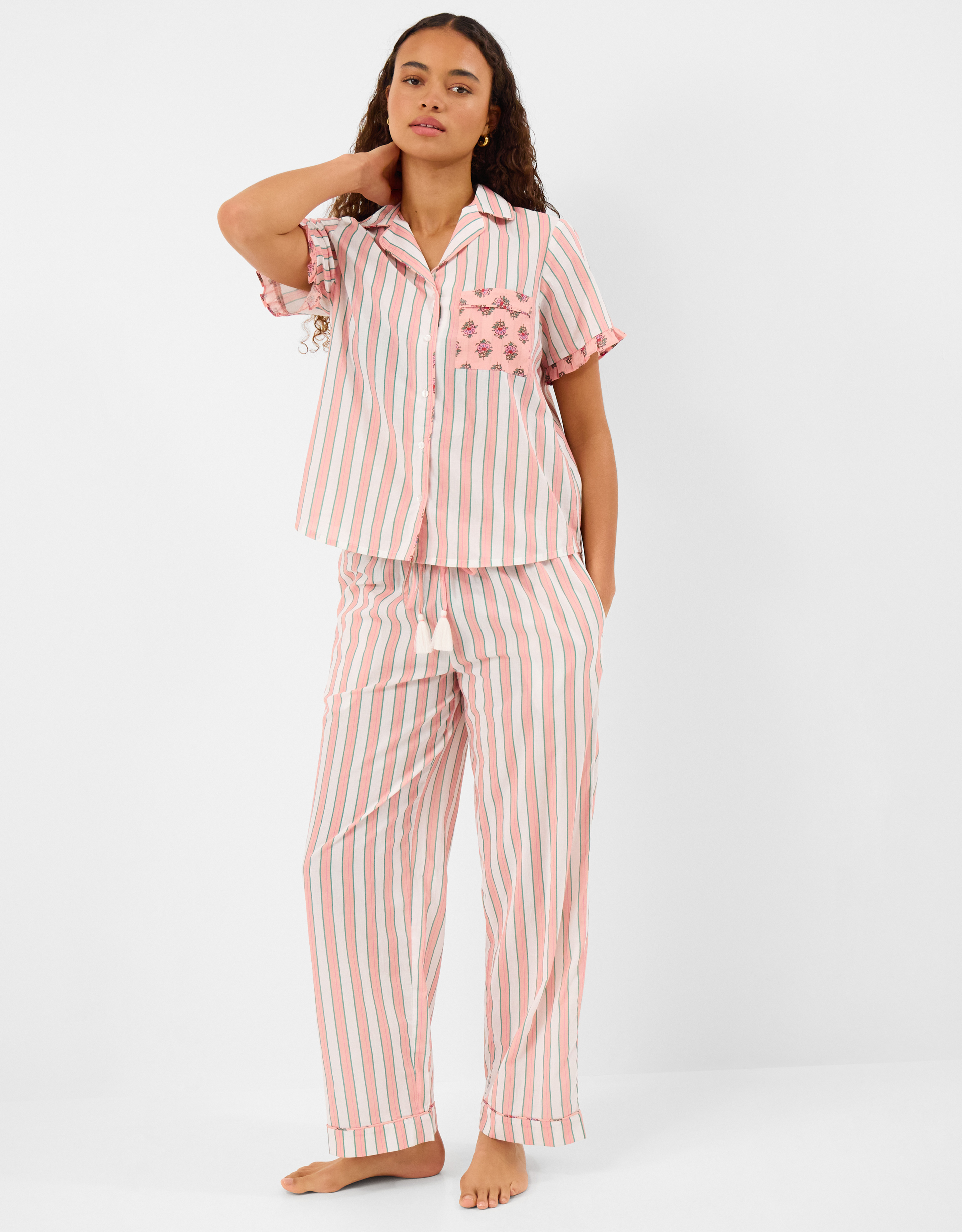 Accessorize Cotton Striped Floral Stripe Long Pyjamas Set, Pink, Size: L