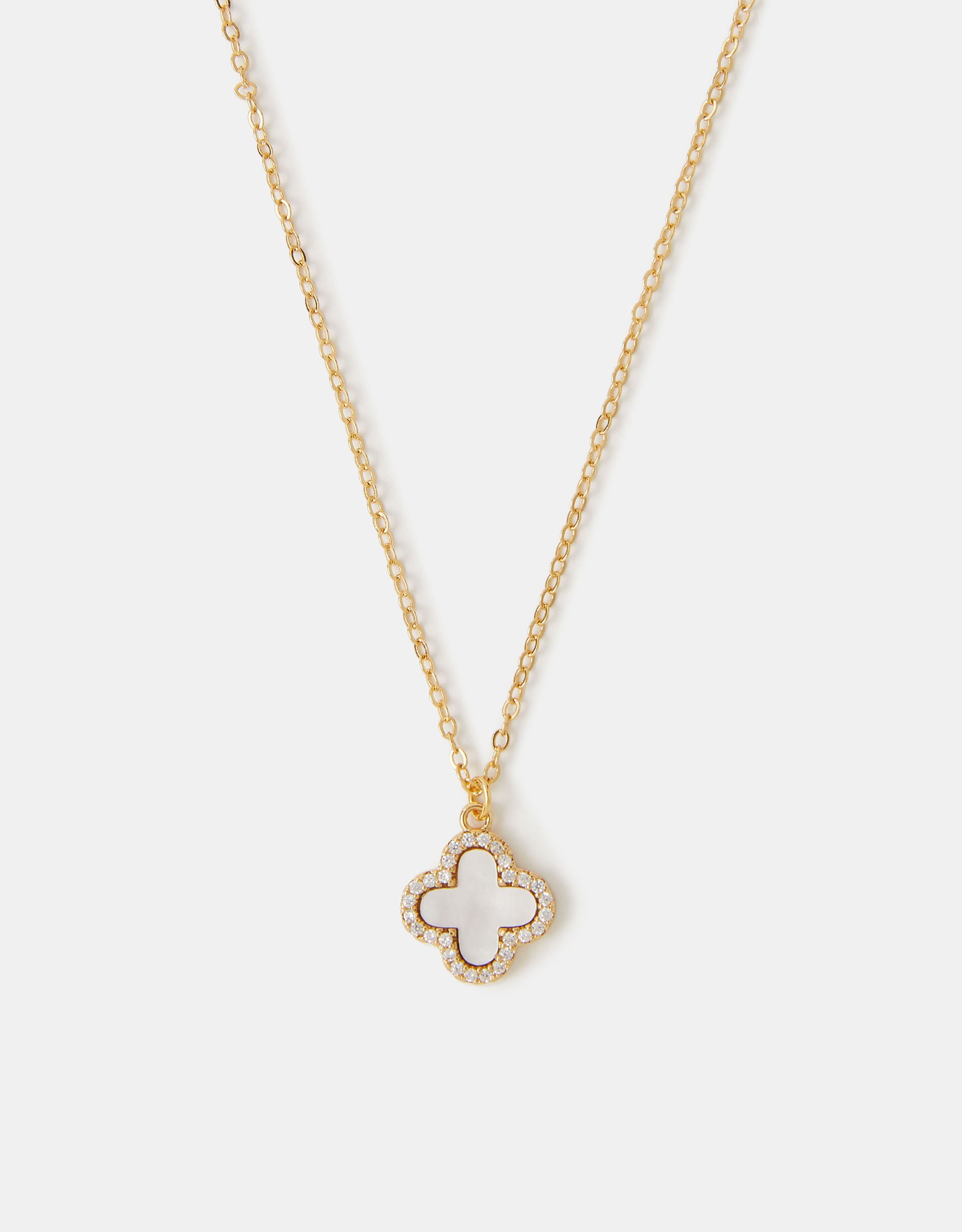 Accessorize Lace 14ct -Plated Mother of Pearl Clover Pendant Necklace, Gold