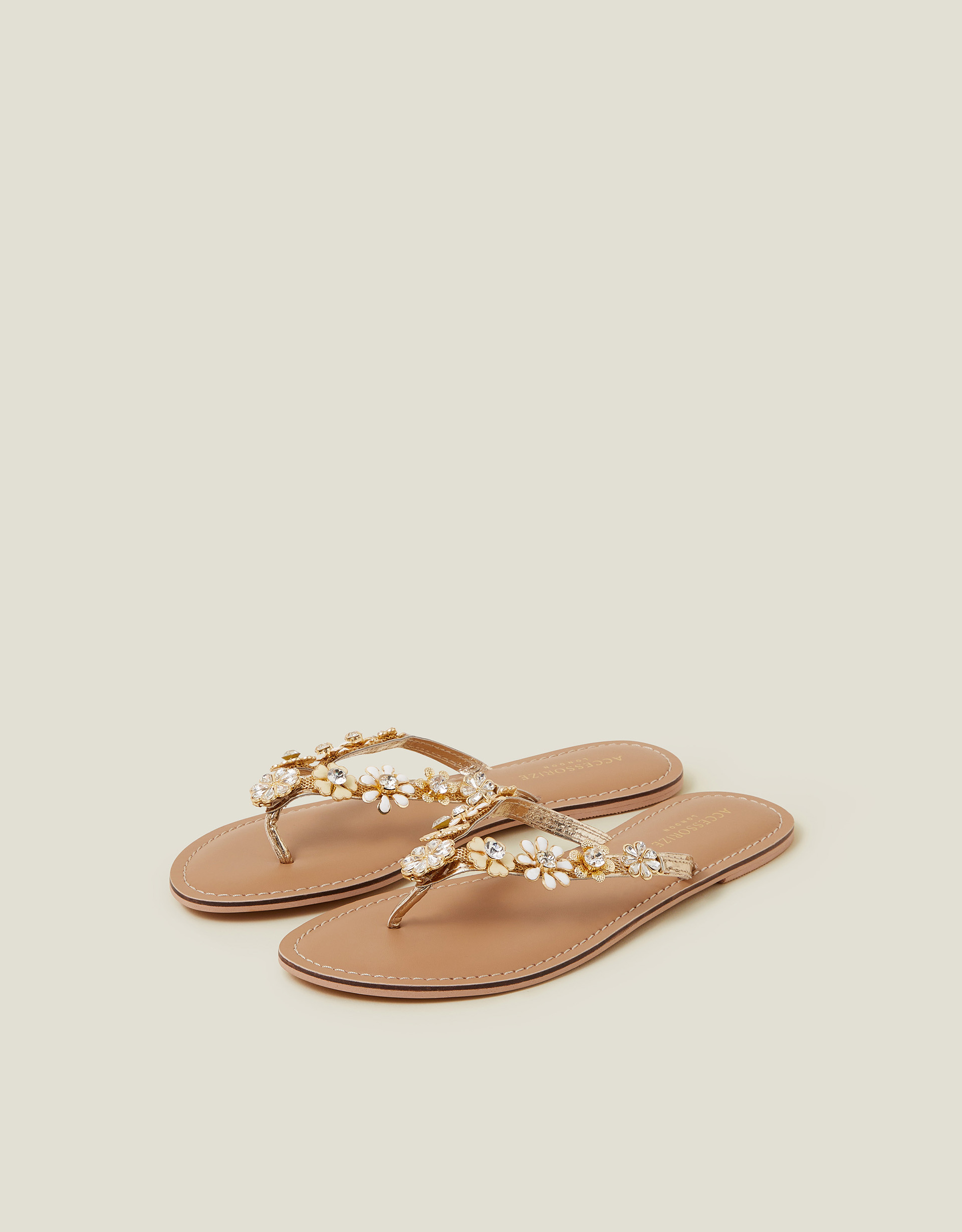 Diamante Flower Flip Flop Sandals Gold, Size: 38 - Accessorize