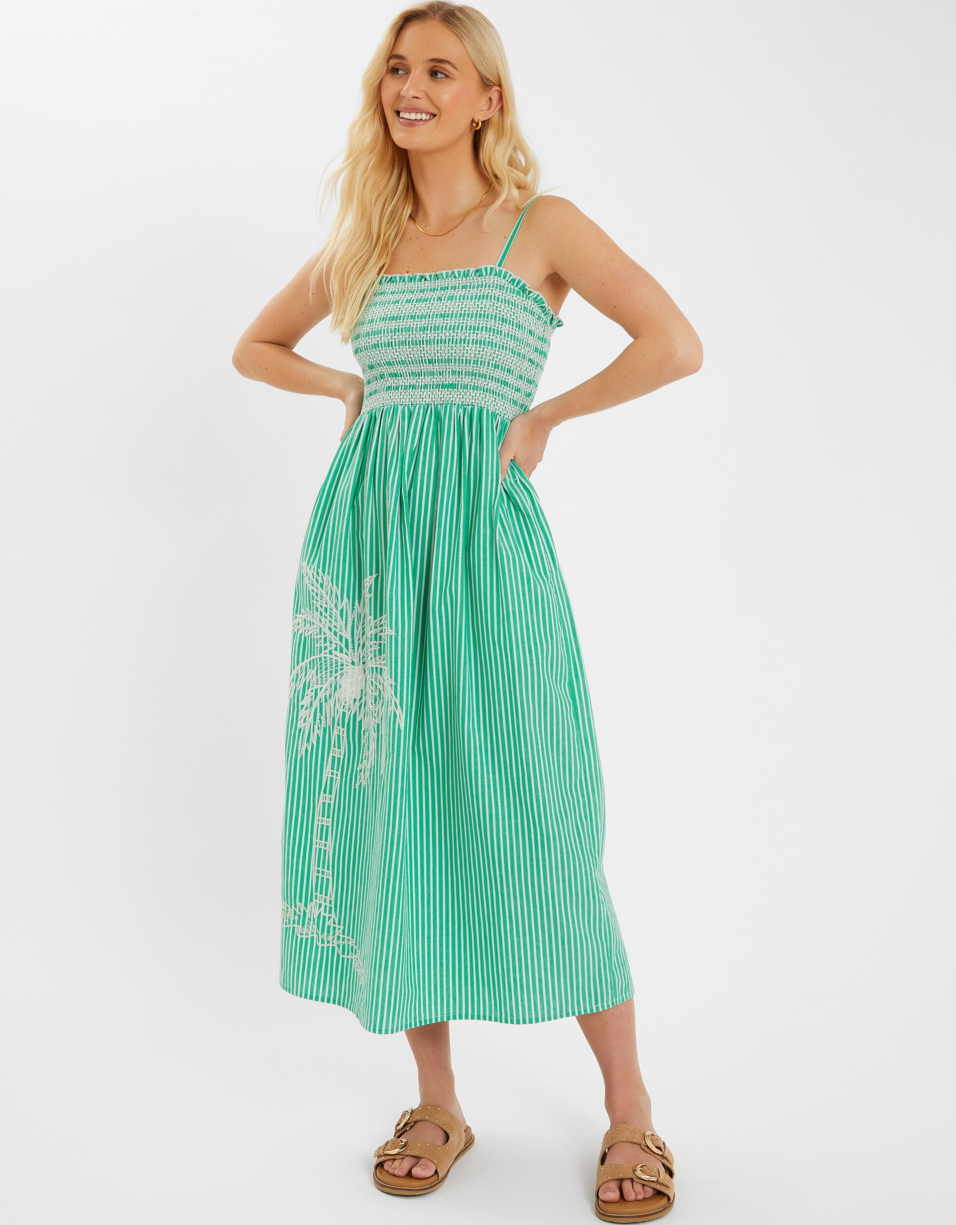 Palm Embroidered Stripe Midi Dress Green, Size: M - Accessorize