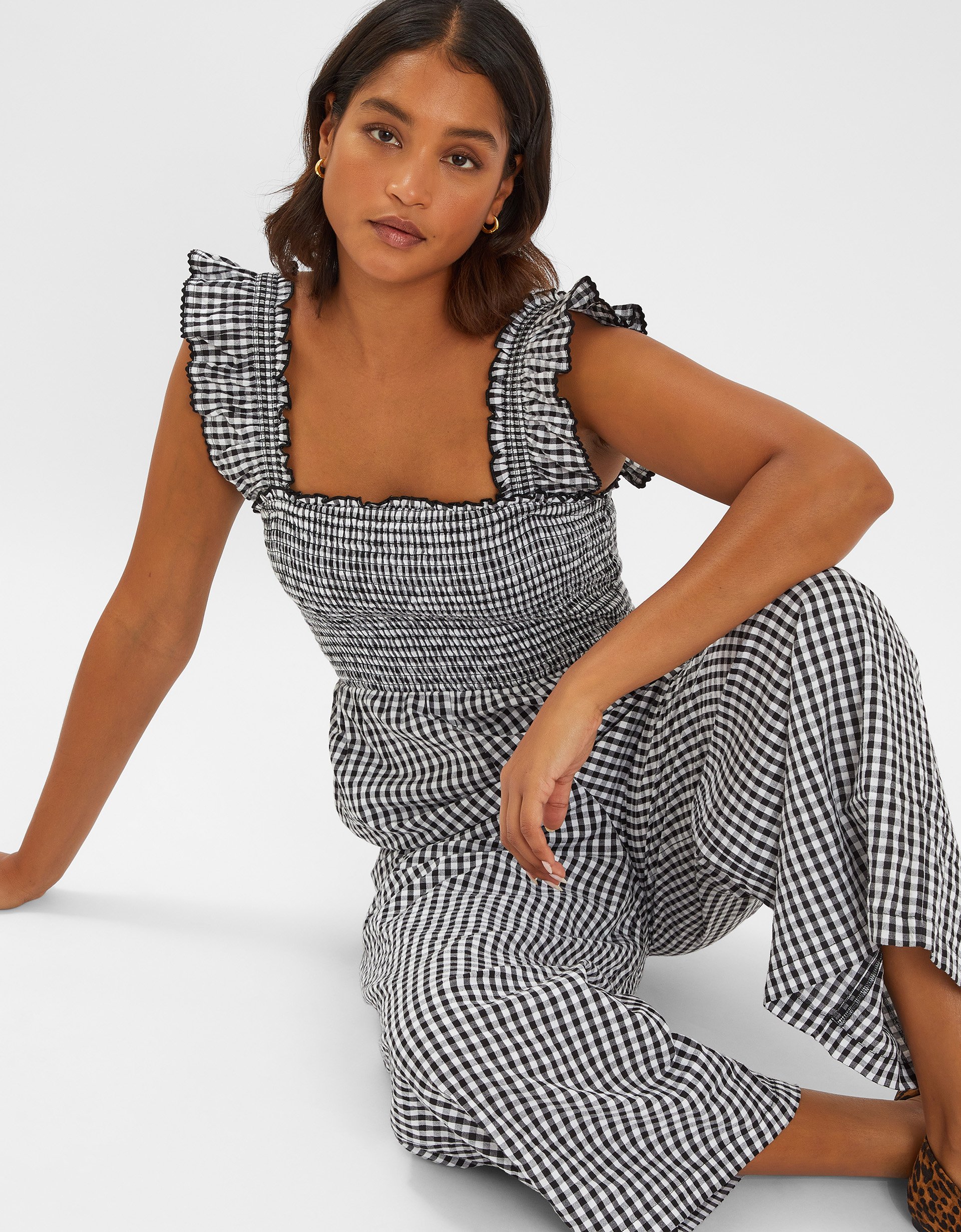 Black & White Cotton Gingham Wide Leg Jumpsuit, Size: M, Women's - Accessorize
